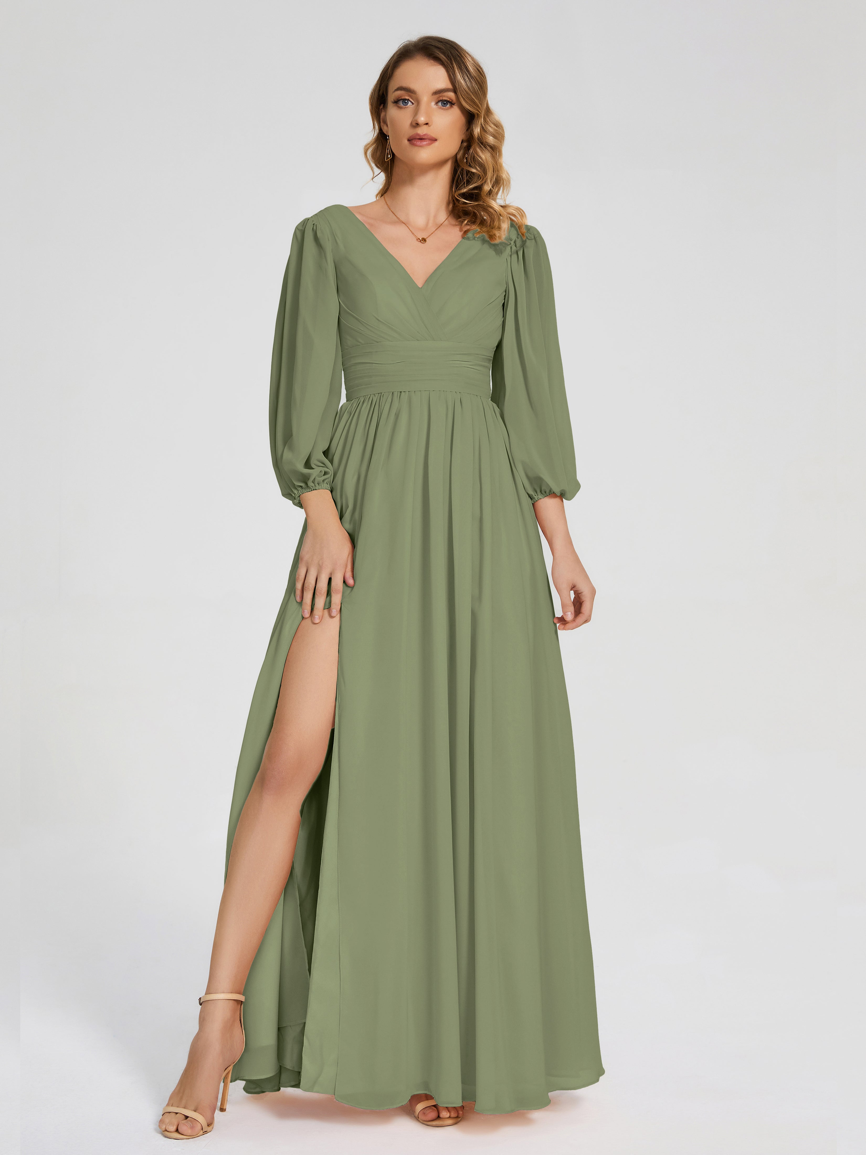 Robes De Demoiselle D'Honneur Olive Manches Longues Dos Nu Mousseline Robes Demoiselle D'Honneur