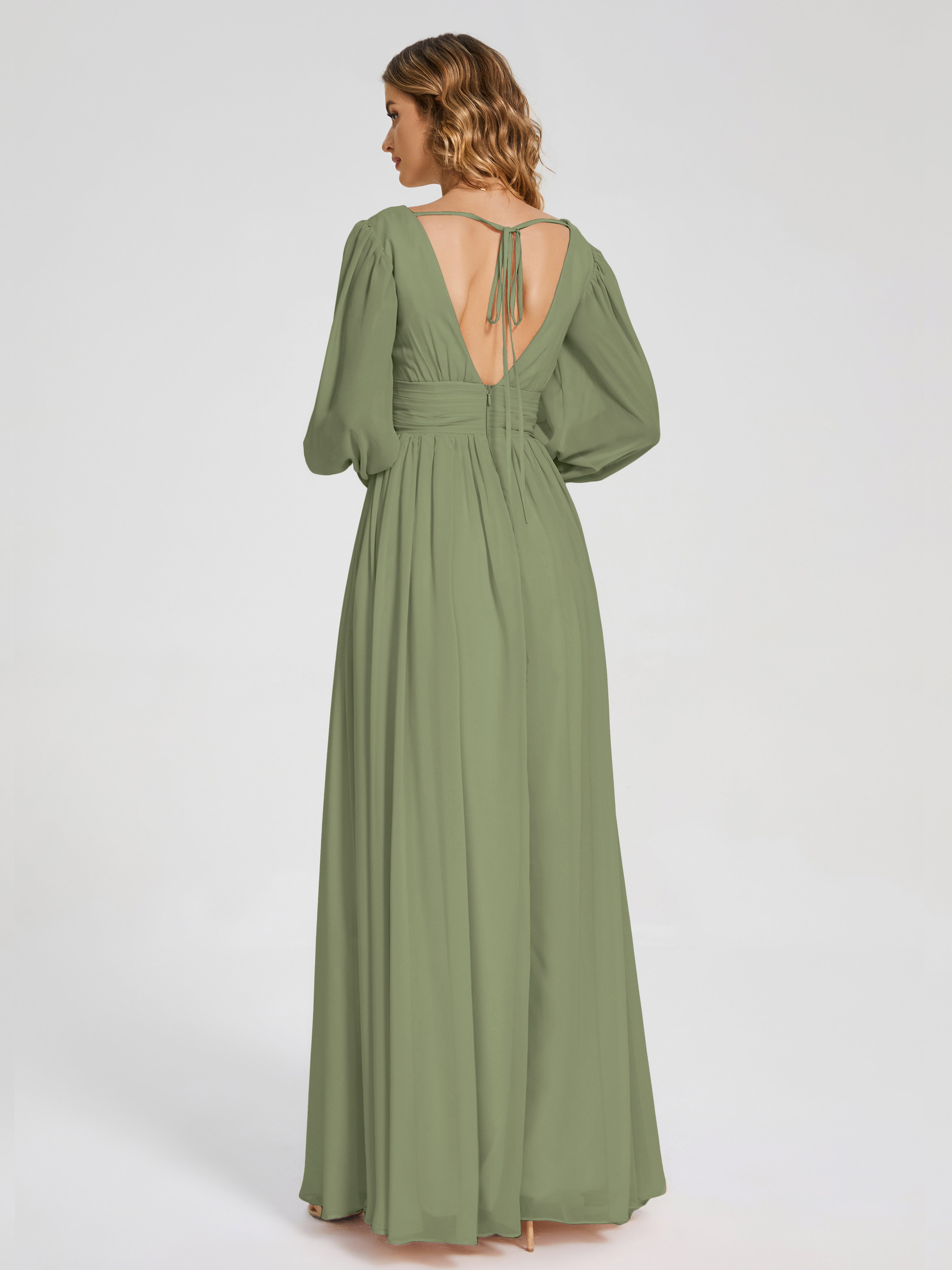 Robes De Demoiselle D'Honneur Olive Manches Longues Dos Nu Mousseline Robes Demoiselle D'Honneur