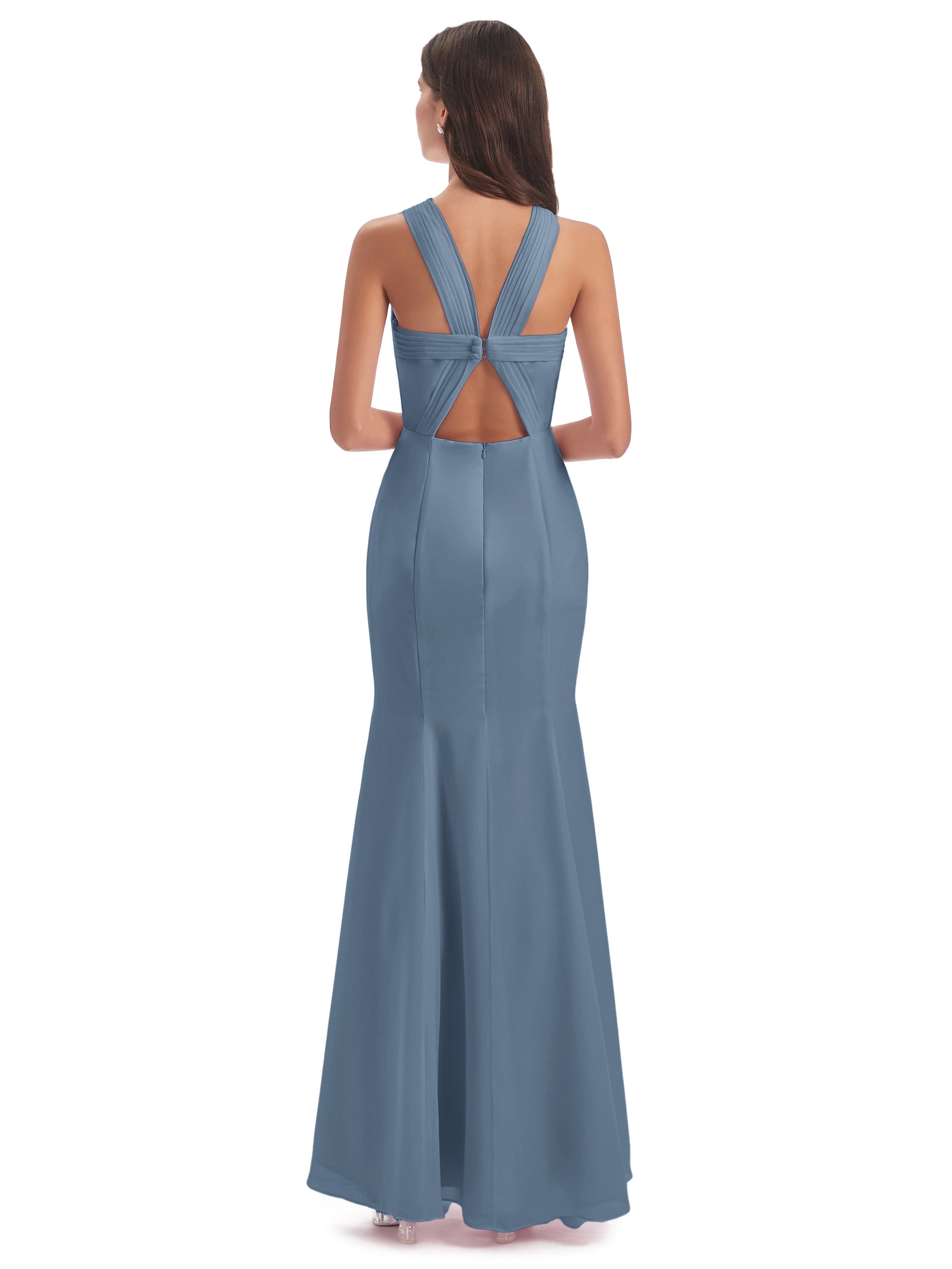 Robes De Demoiselle D'Honneur Bleu De Schiste Trompette/Sirène Licou Fendue Devant Robes Demoiselle D'Honneur