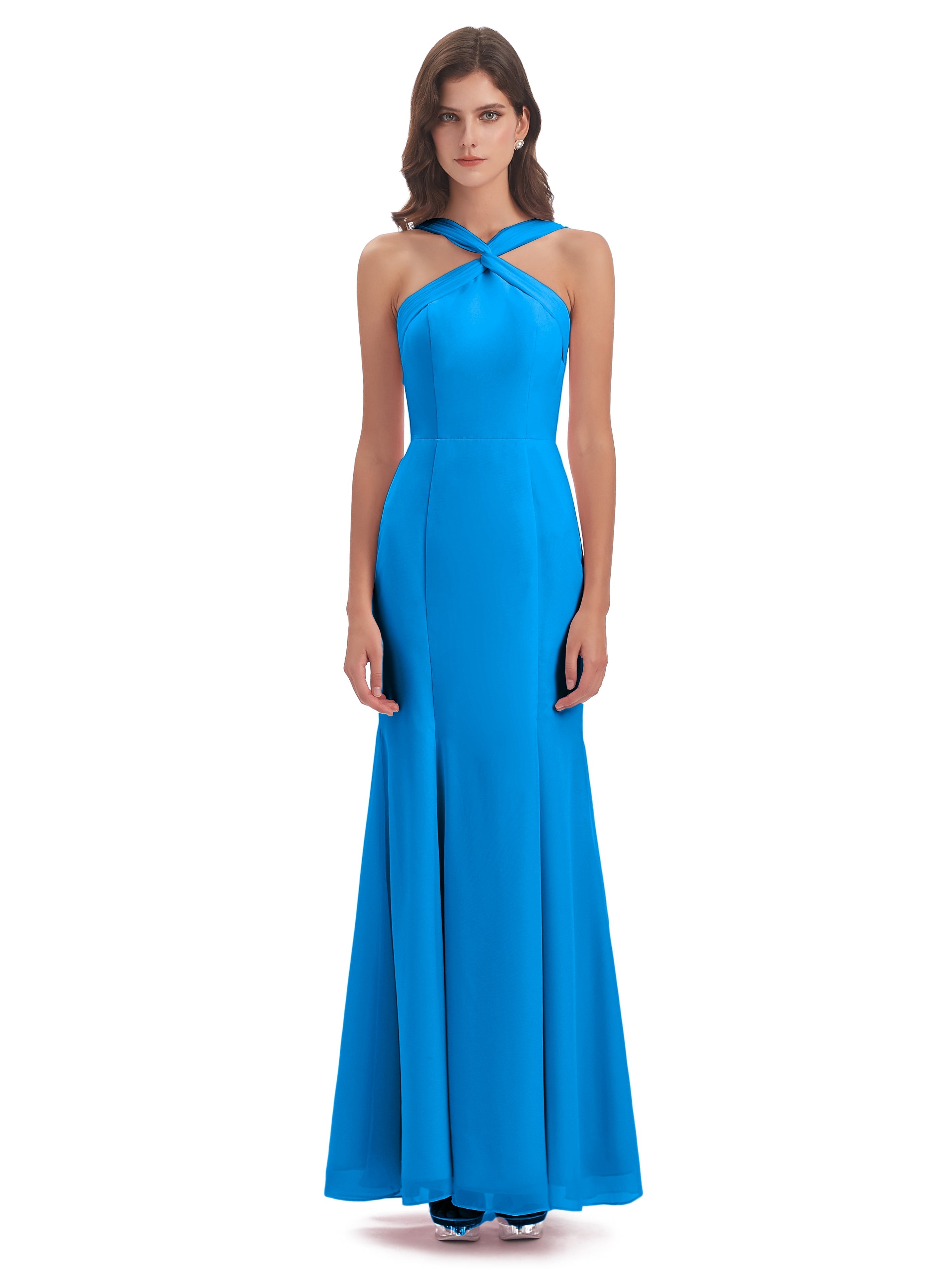 Robes De Demoiselle D'Honneur Bleu Océan Trompette/Sirène Licou Fendue Devant Robes Demoiselle D'Honneur