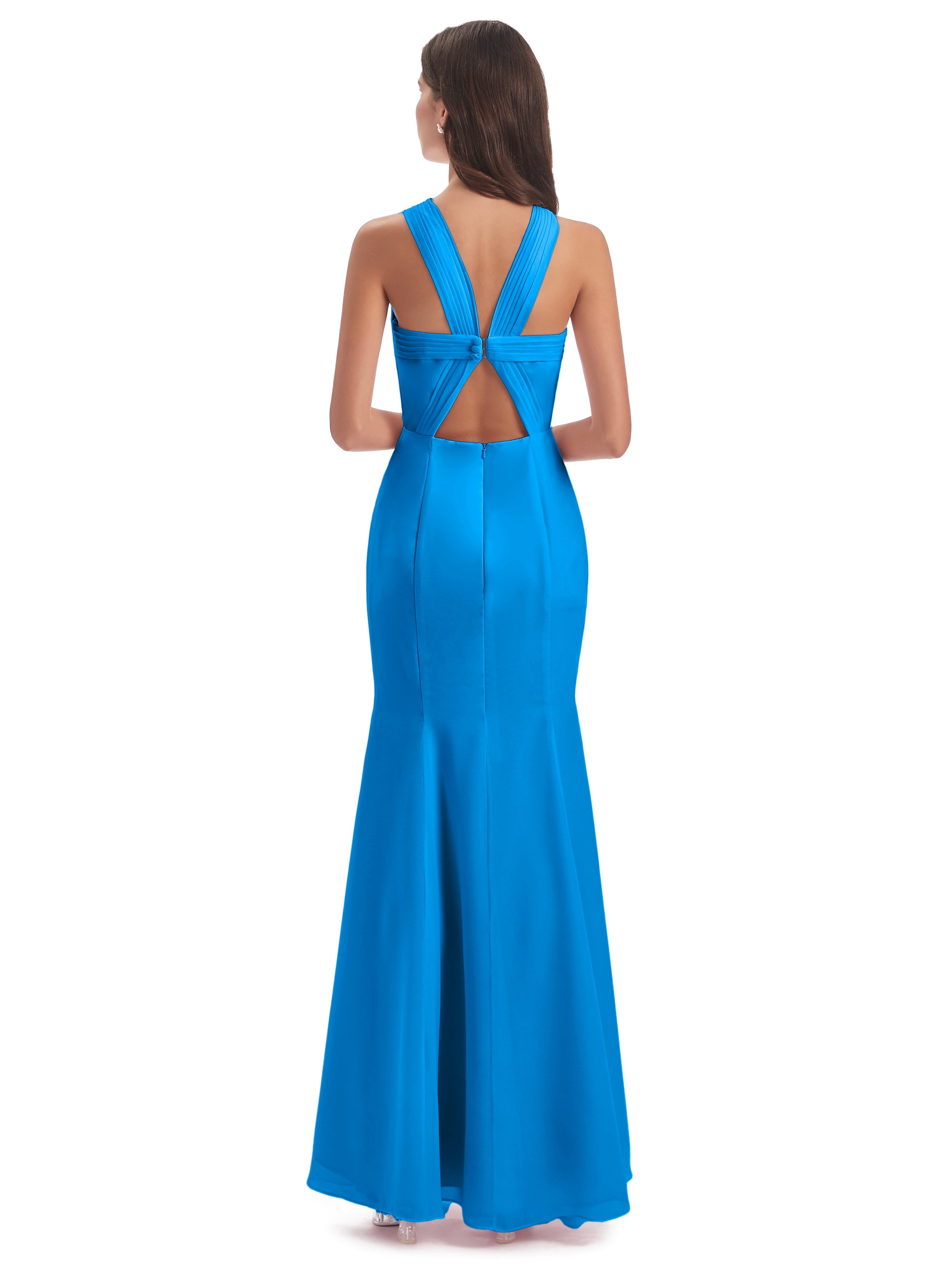 Robes De Demoiselle D'Honneur Bleu Océan Trompette/Sirène Licou Fendue Devant Robes Demoiselle D'Honneur
