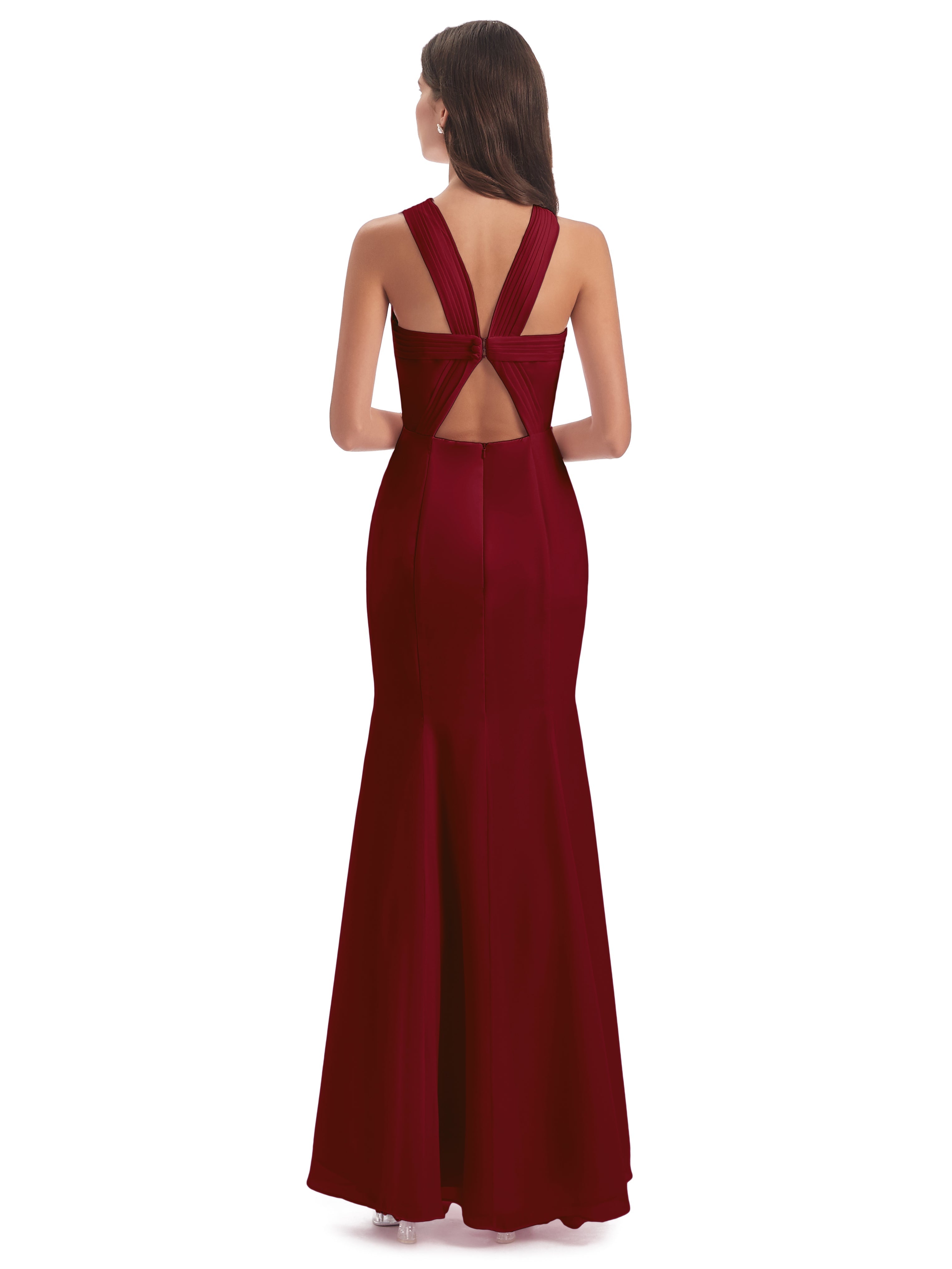 Robe Longue Demoiselle D Honneur Bordeaux Trompette/Sirène Licou Fendue Devant Robes Demoiselle D'Honneur