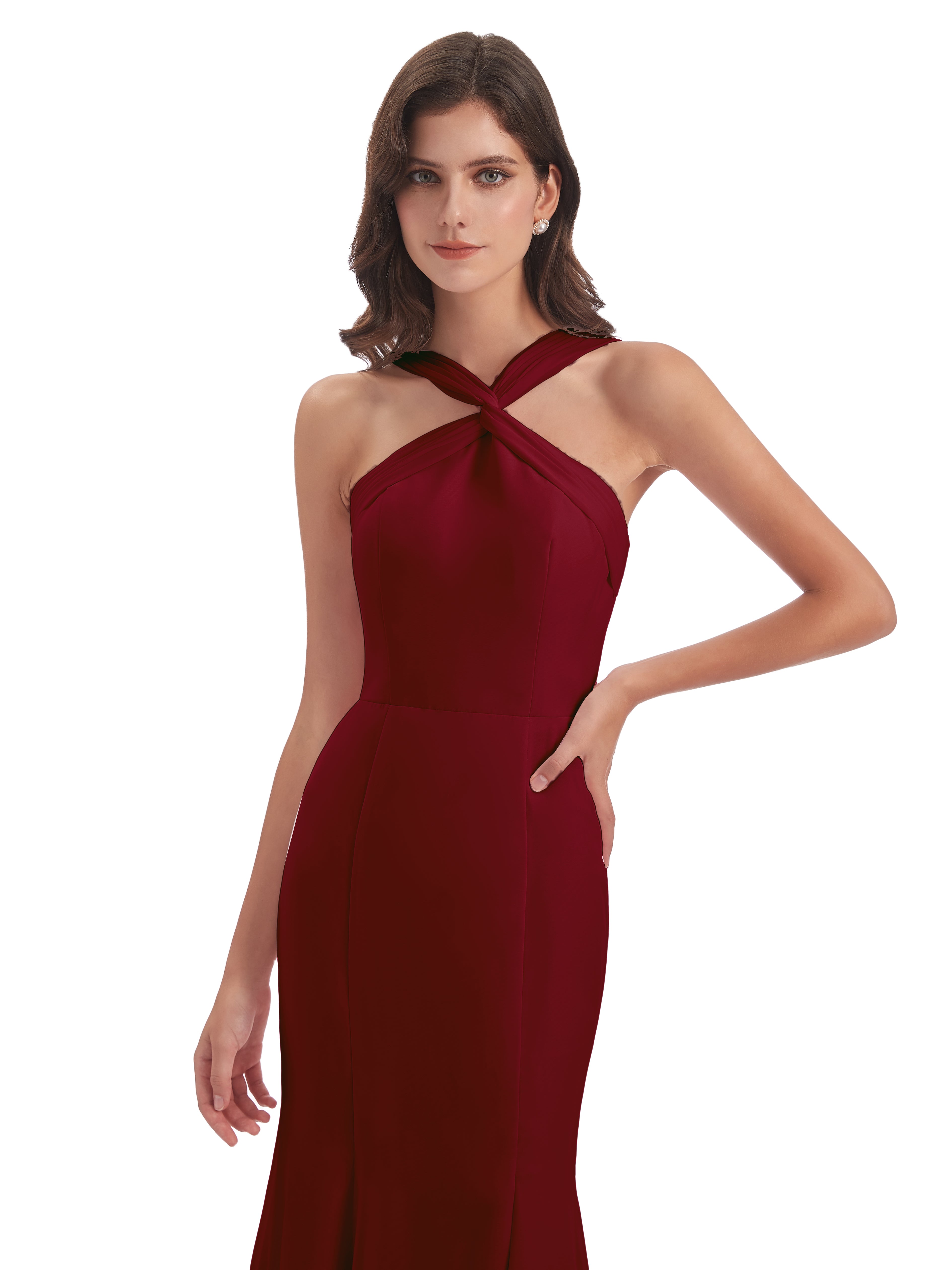 Robe Longue Demoiselle D Honneur Bordeaux Trompette/Sirène Licou Fendue Devant Robes Demoiselle D'Honneur