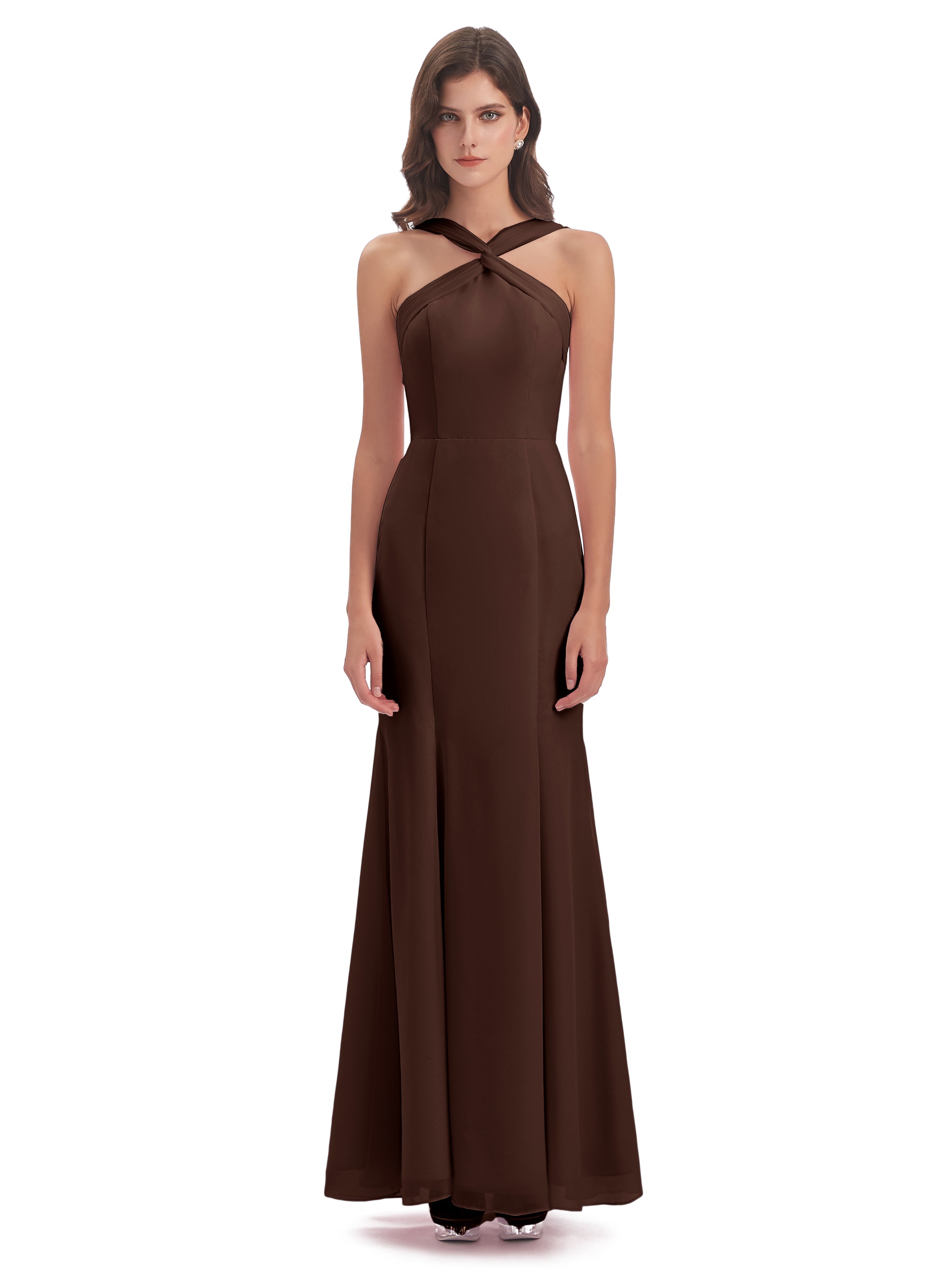 Robe Chocolat Demoiselle D Honneur Trompette/Sirène Licou Fendue Devant Robes Demoiselle D'Honneur