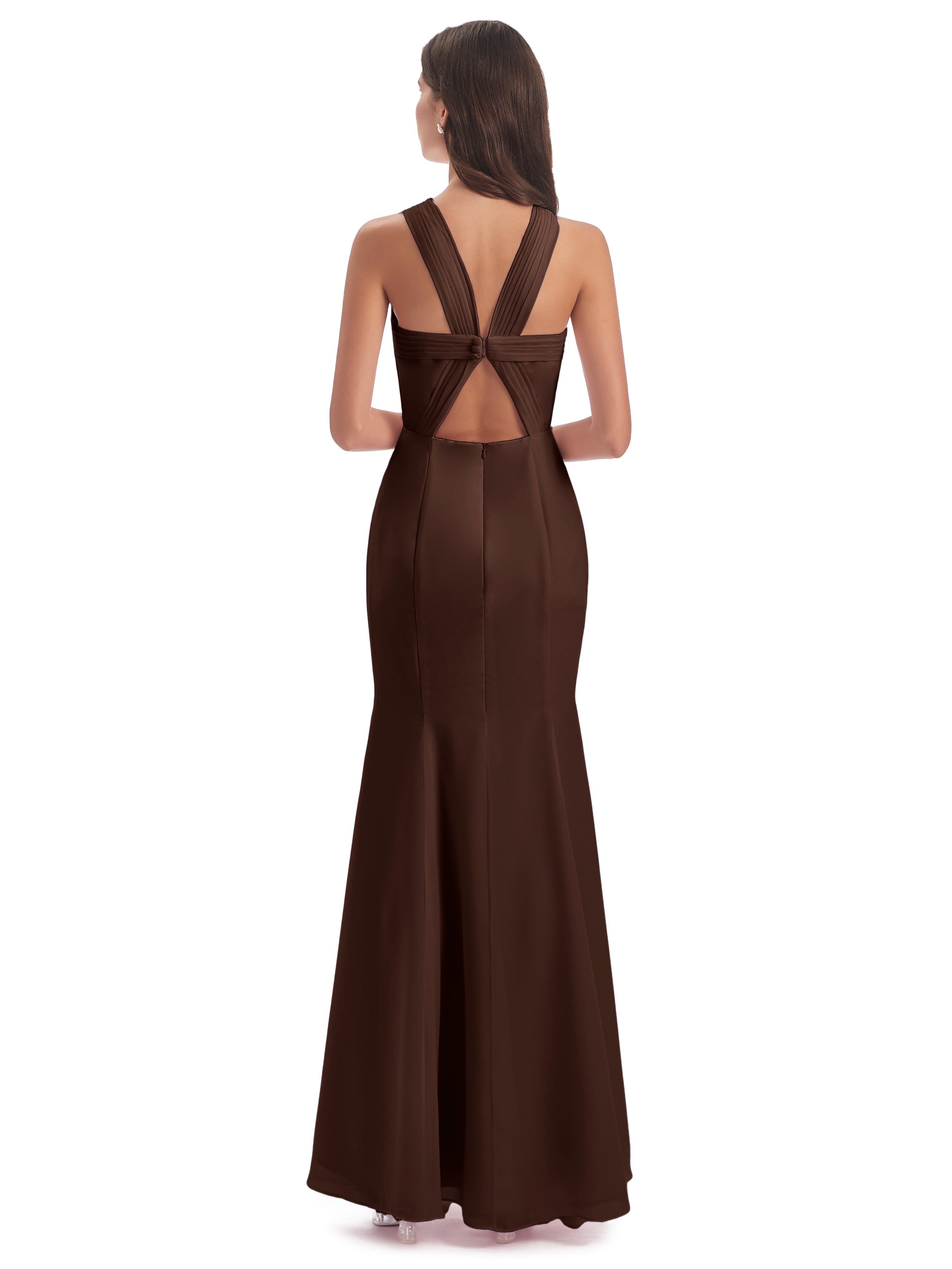 Robe Chocolat Demoiselle D Honneur Trompette/Sirène Licou Fendue Devant Robes Demoiselle D'Honneur
