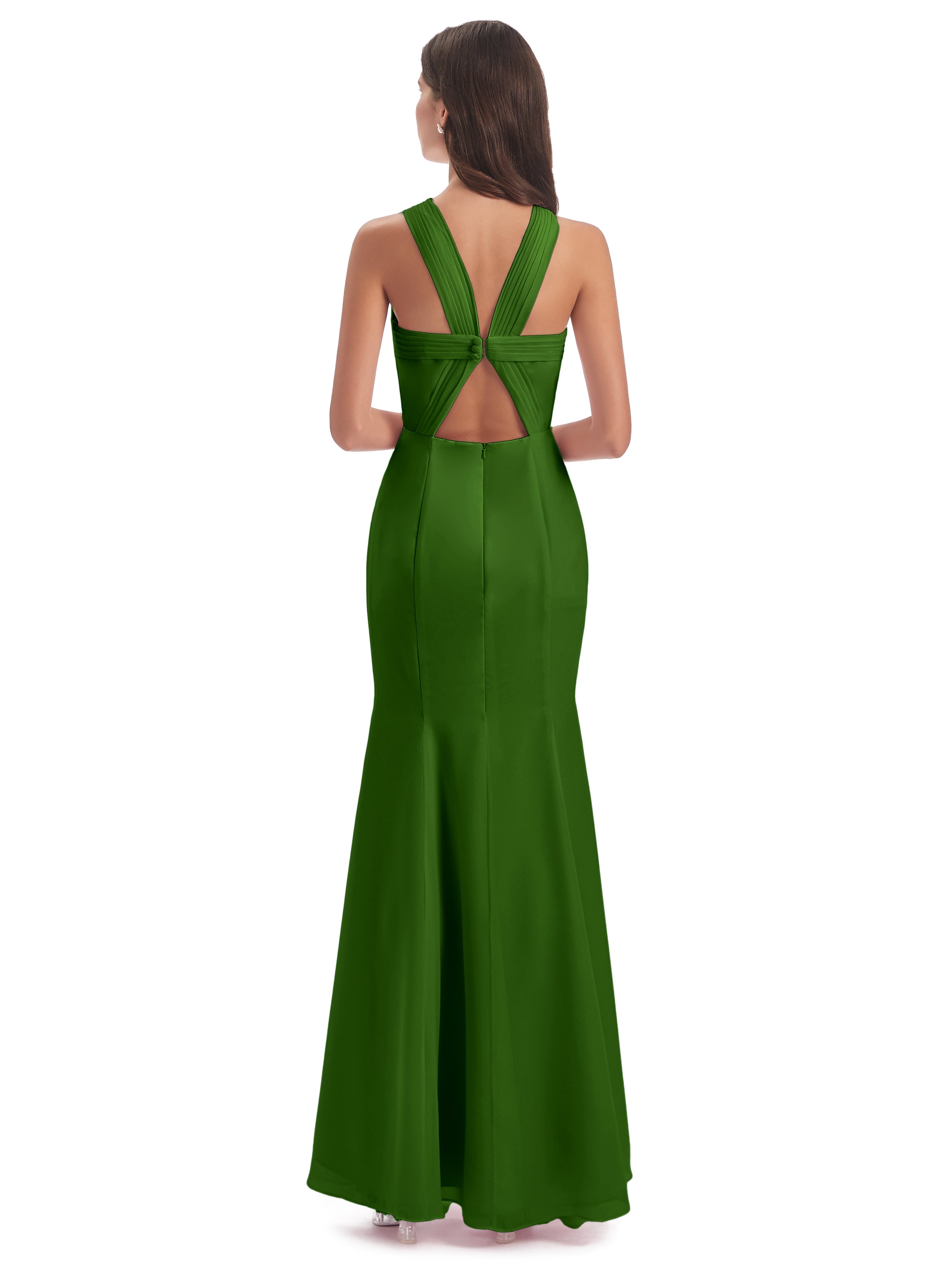 Robes De Demoiselle D'Honneur Vert Mousse Trompette/Sirène Licou Fendue Devant Robes Demoiselle D'Honneur