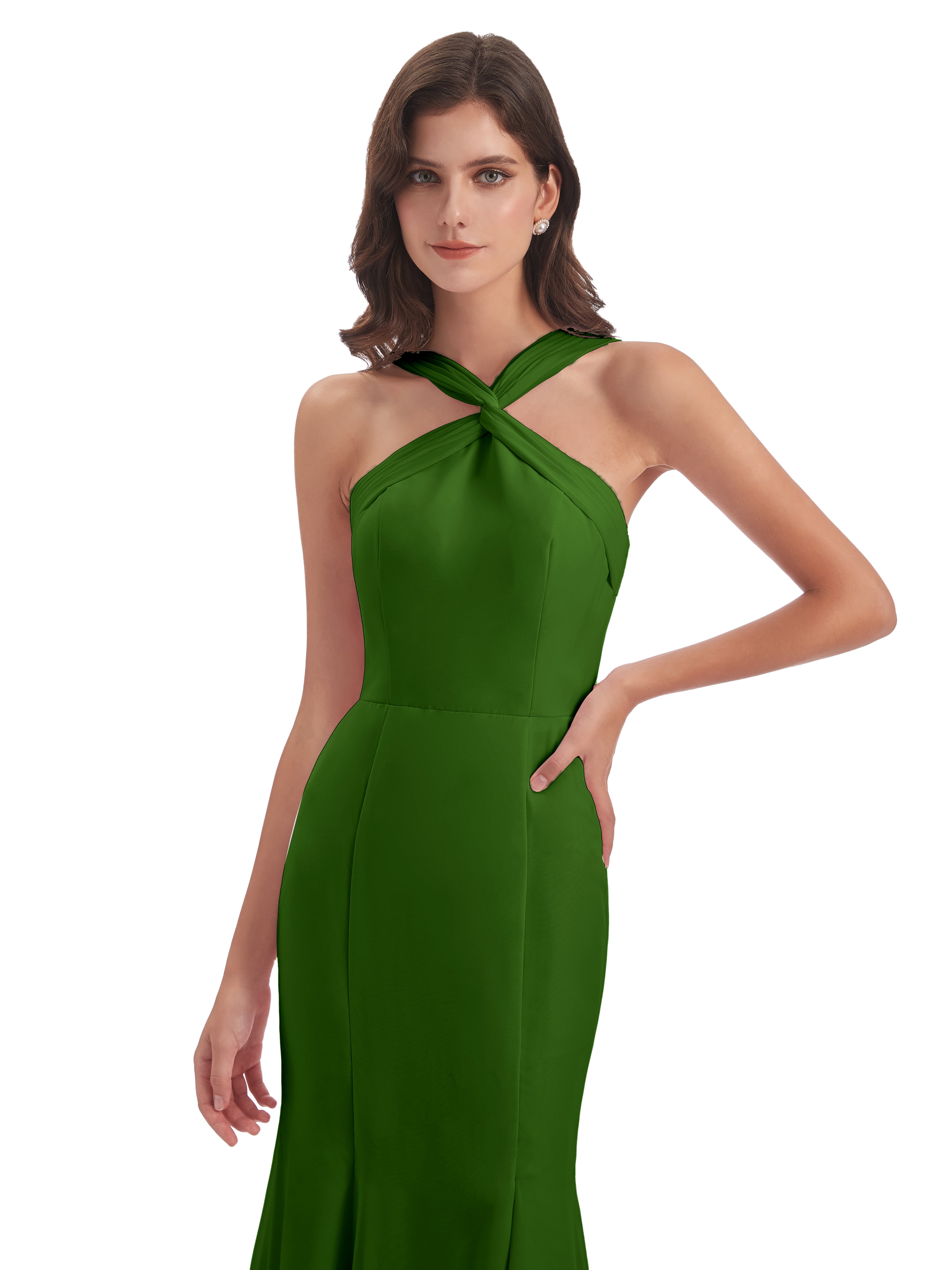 Robes De Demoiselle D'Honneur Vert Mousse Trompette/Sirène Licou Fendue Devant Robes Demoiselle D'Honneur