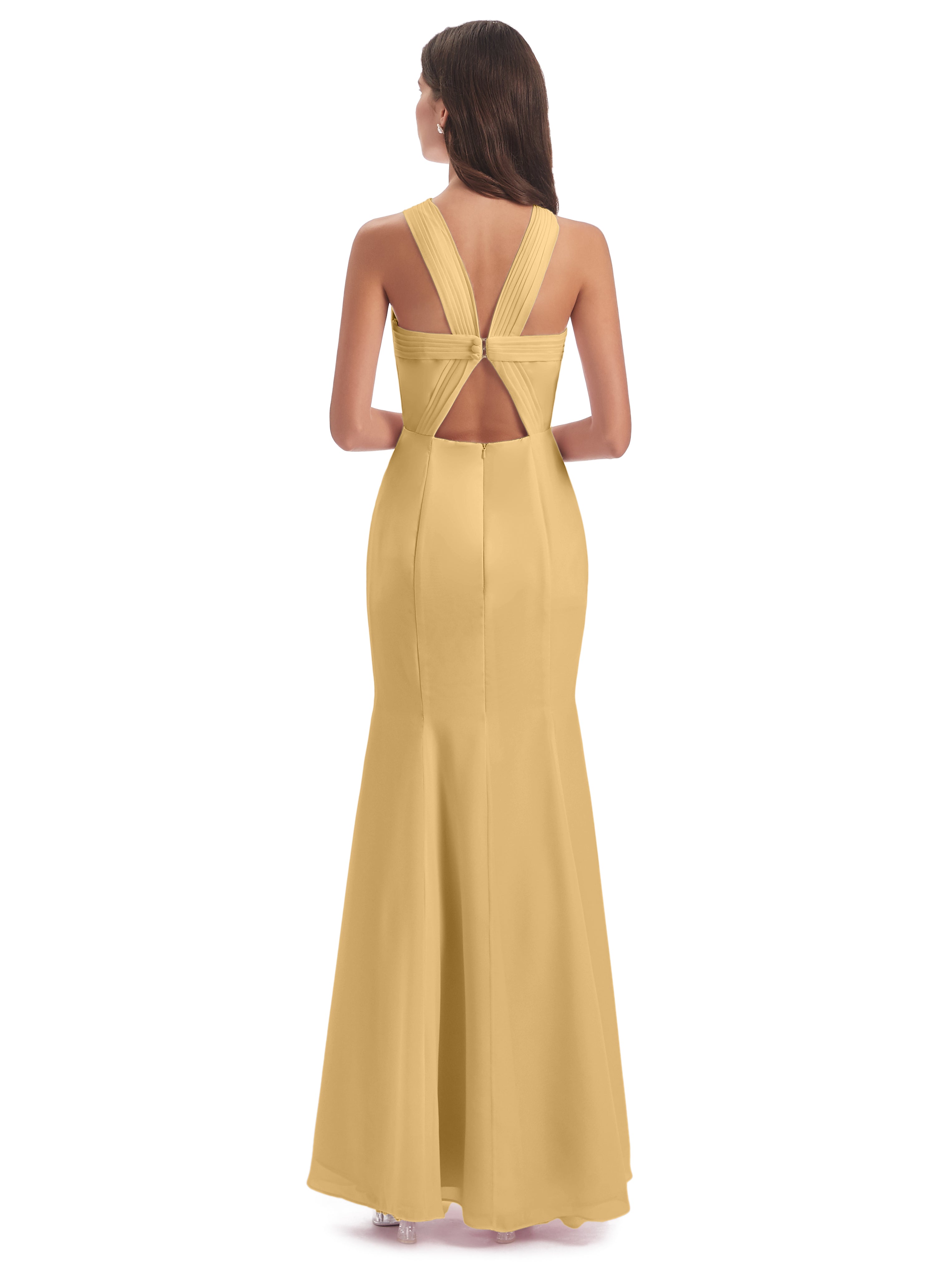 Robe De Demoiselle D Honneur Dorée Trompette/Sirène Licou Fendue Devant Robes Demoiselle D'Honneur