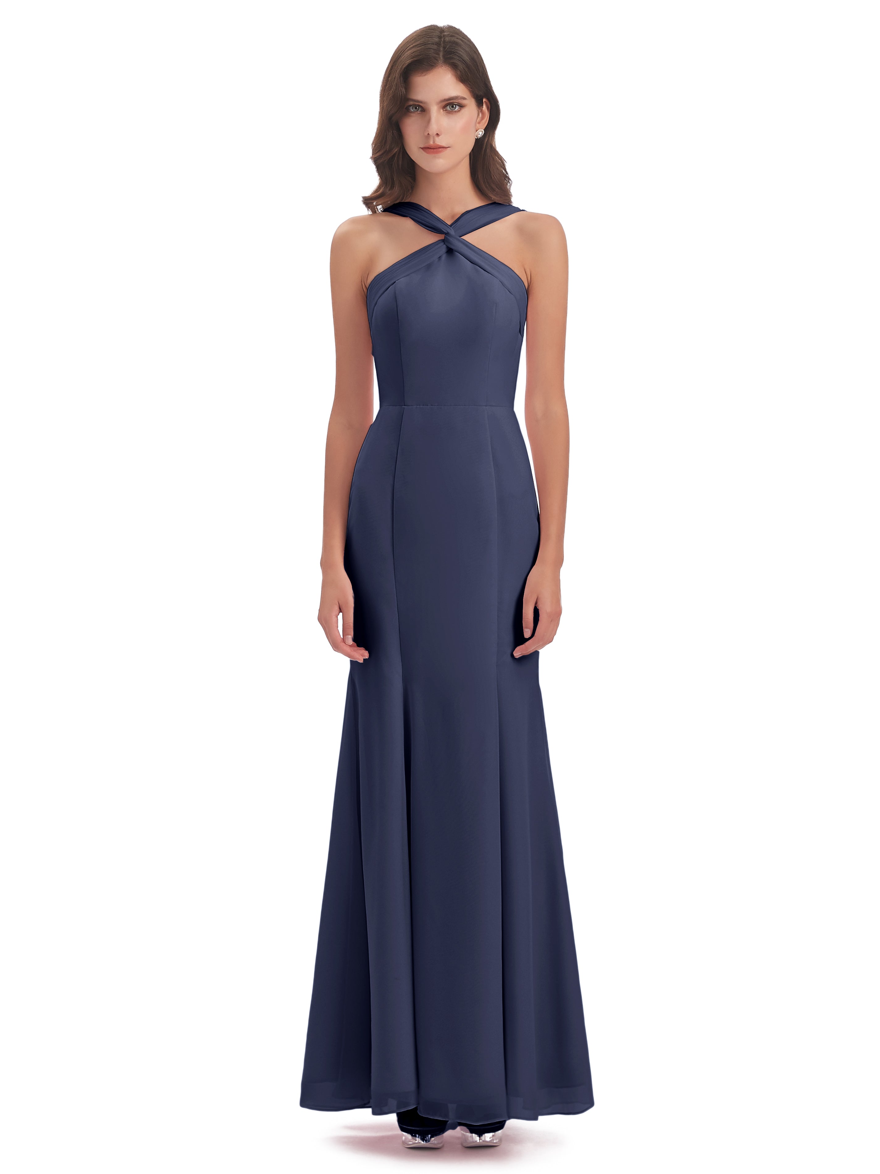 Robes De Demoiselle D'Honneur Bleu Orageux Trompette/Sirène Licou Fendue Devant Robes Demoiselle D'Honneur