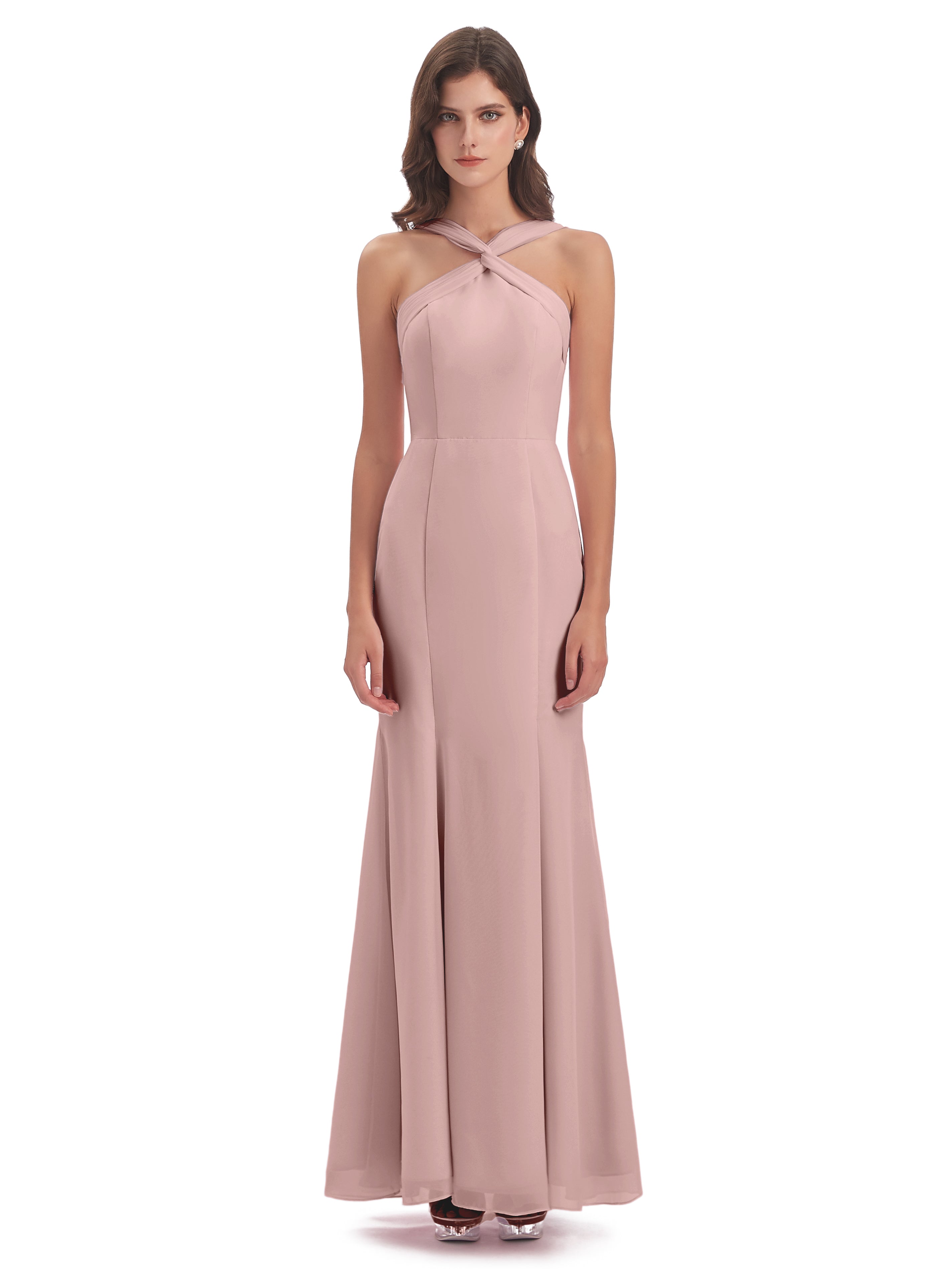 Robe Longue Demoiselle D Honneur Rose Poudré Trompette/Sirène Licou Fendue Devant Robes Demoiselle D'Honneur