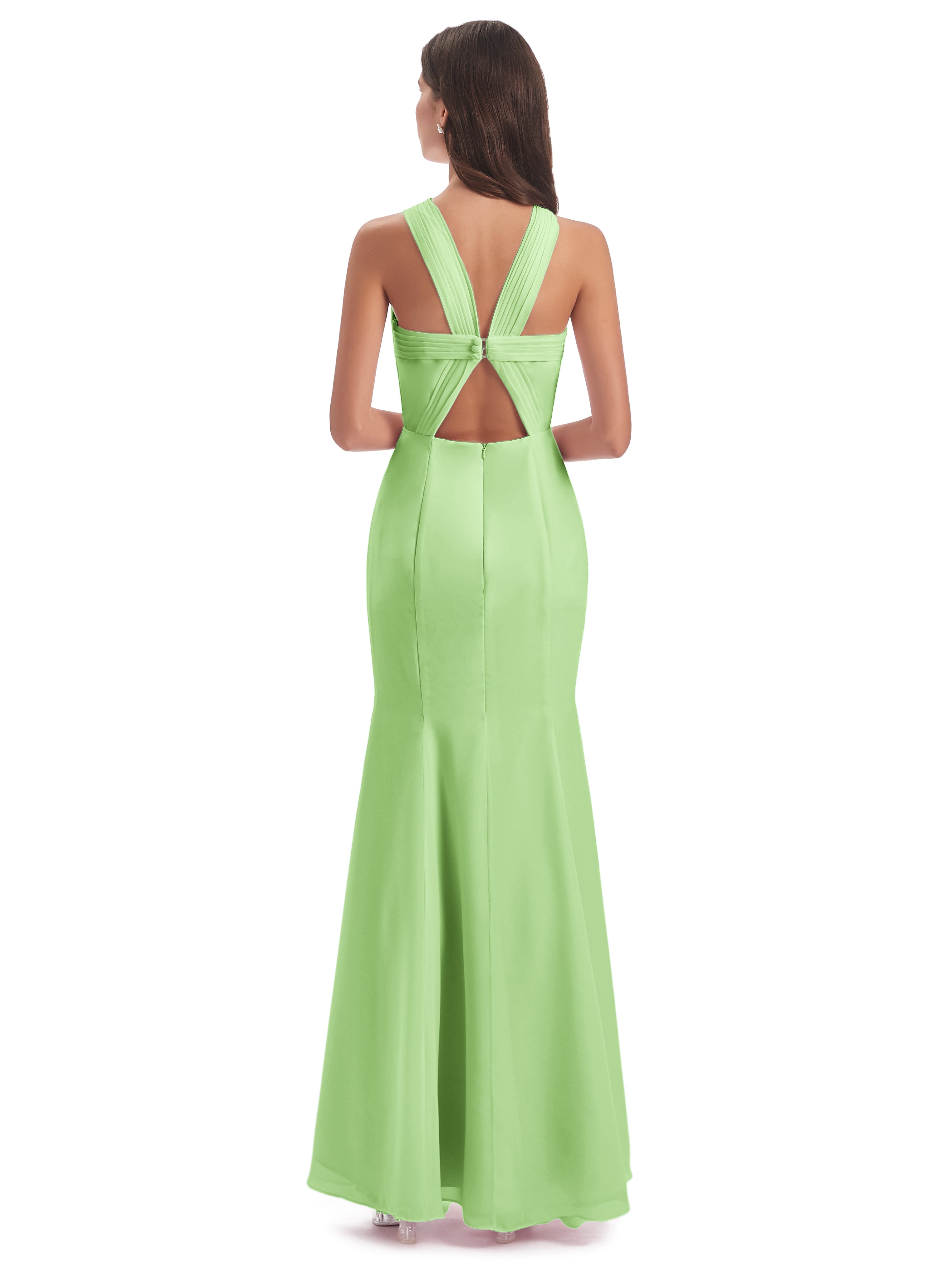 Robes De Demoiselle D'Honneur Vert Sauge Trompette/Sirène Licou Fendue Devant Robes Demoiselle D'Honneur