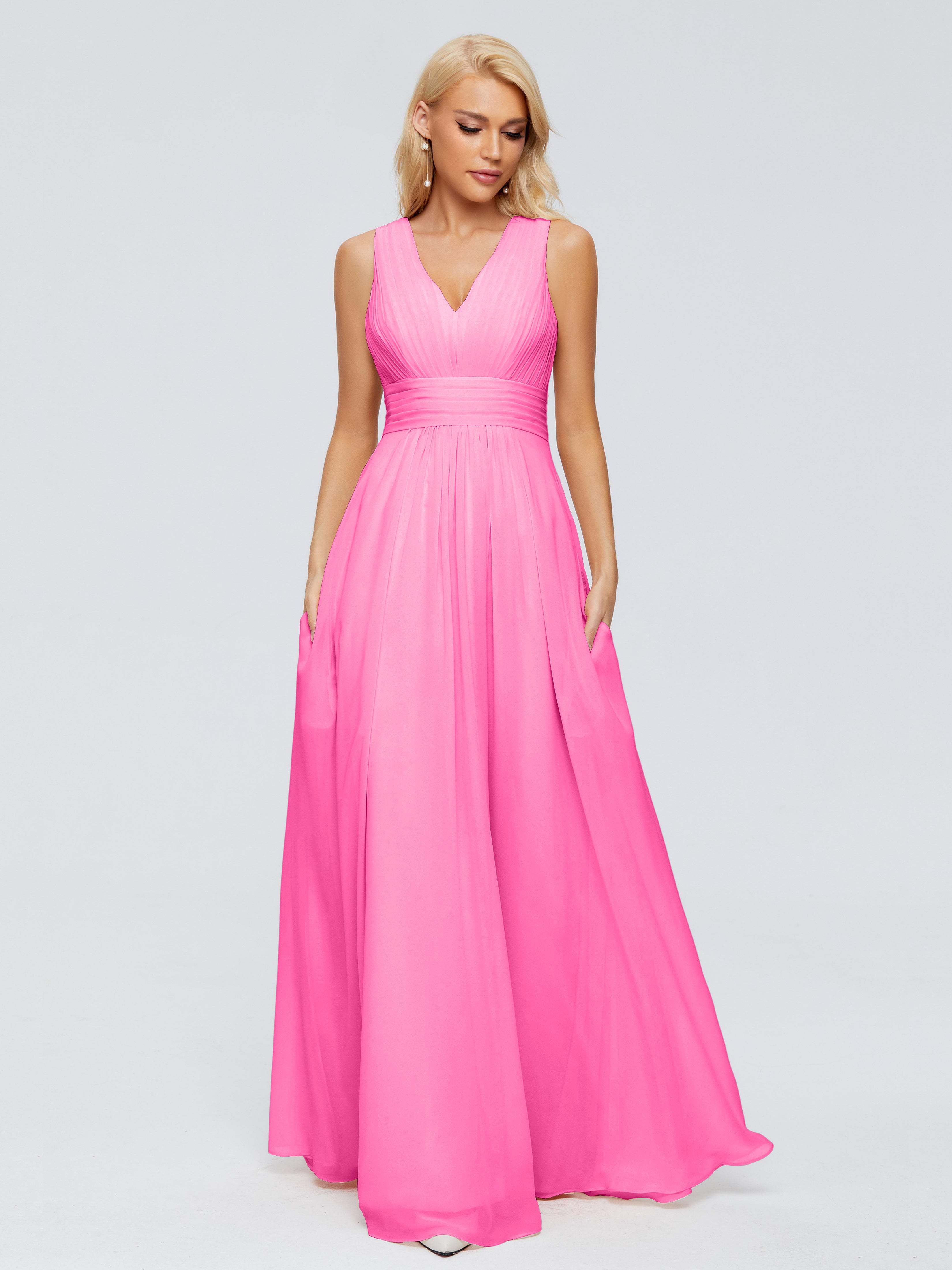 Robe Demoiselle D Honneur En Azalée Trapèze Col V Bretelle Mousseline Robes Demoiselle D'Honneur