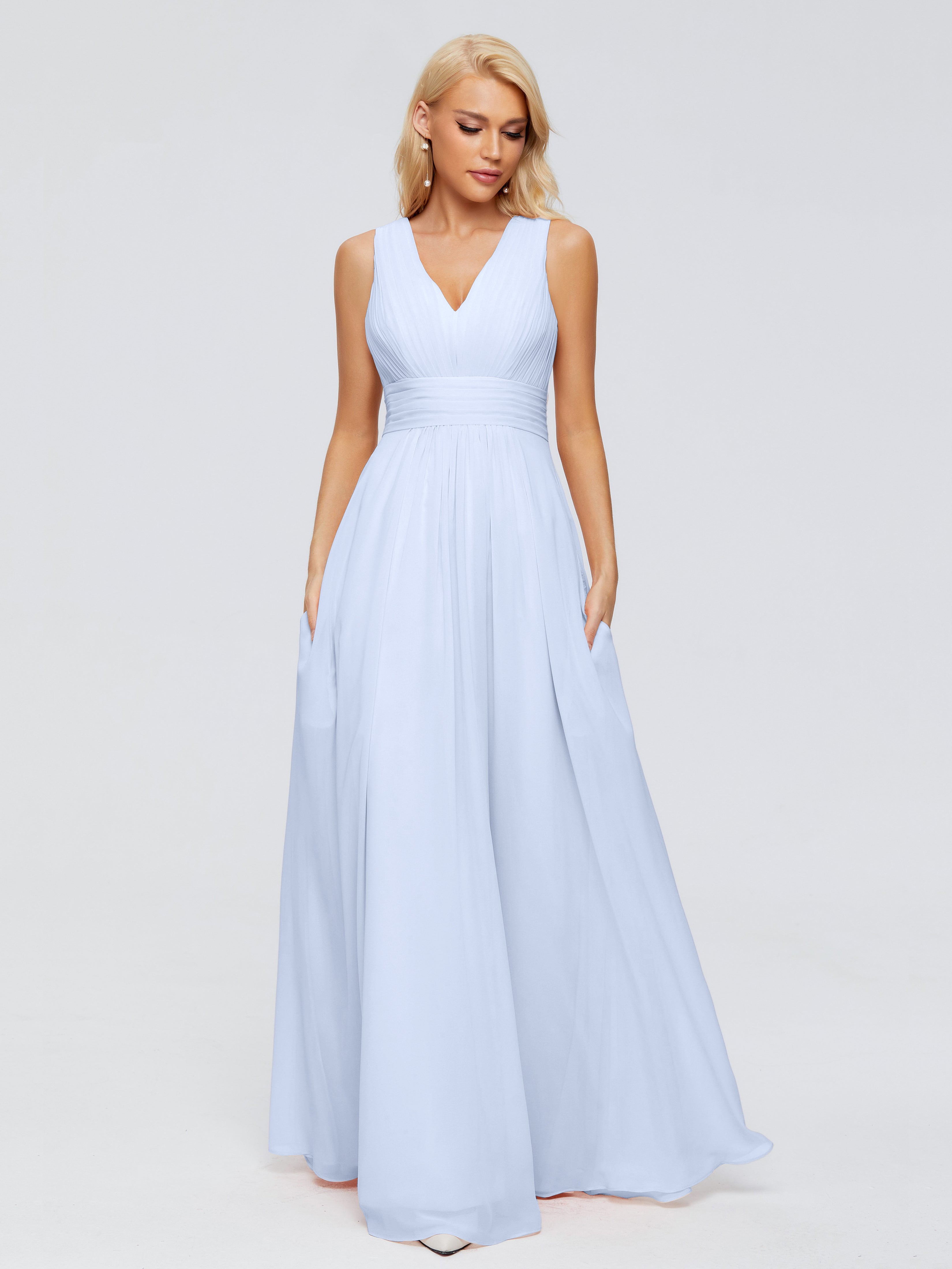 Robe Longue Bleu Ciel Demoiselle D Honneur Trapèze Col V Bretelle Mousseline Robes Demoiselle D'Honneur