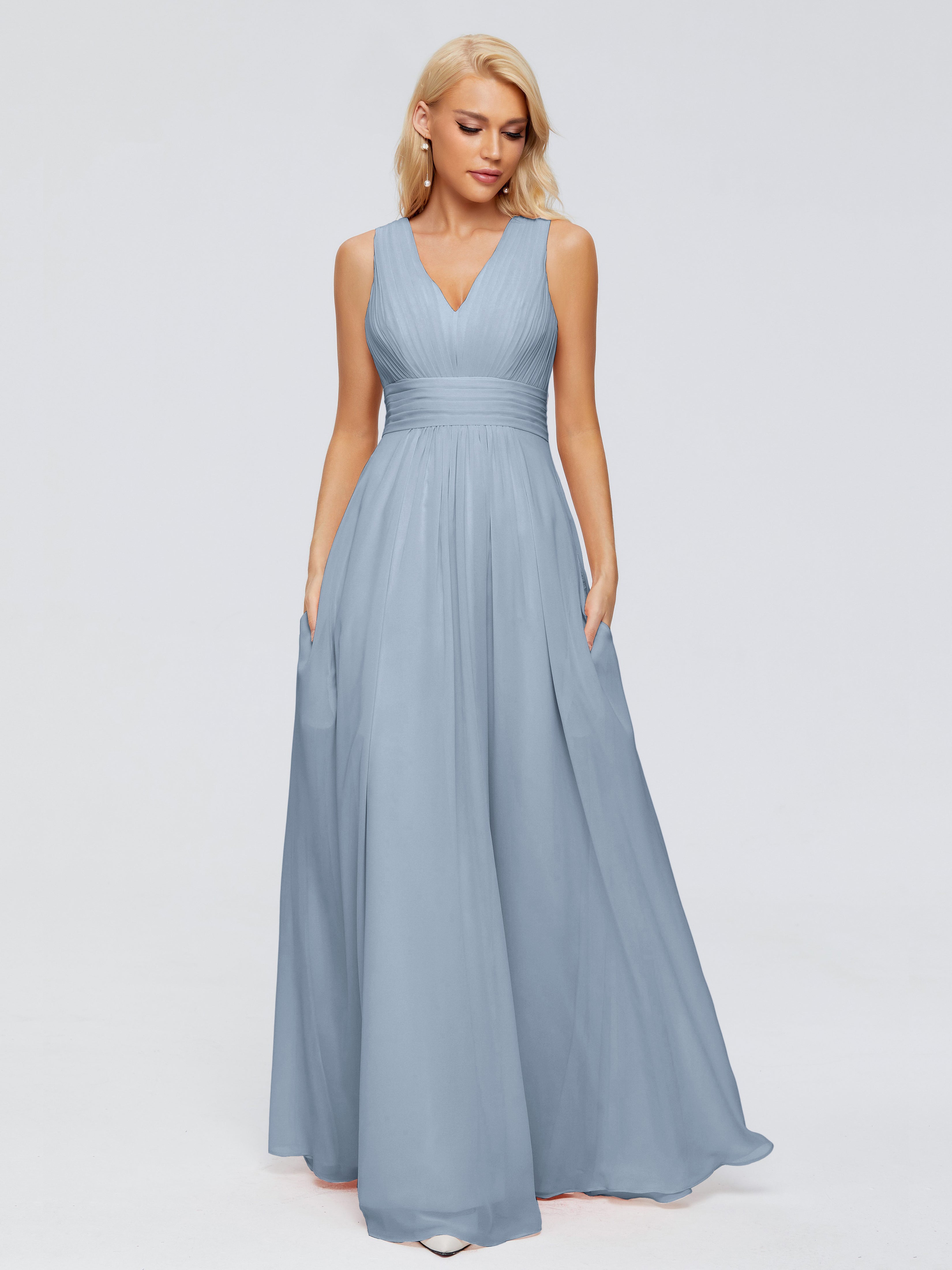 Robes De Demoiselle D'Honneur Bleu Poussiéreux Trapèze Col V Bretelle Mousseline Robes Demoiselle D'Honneur