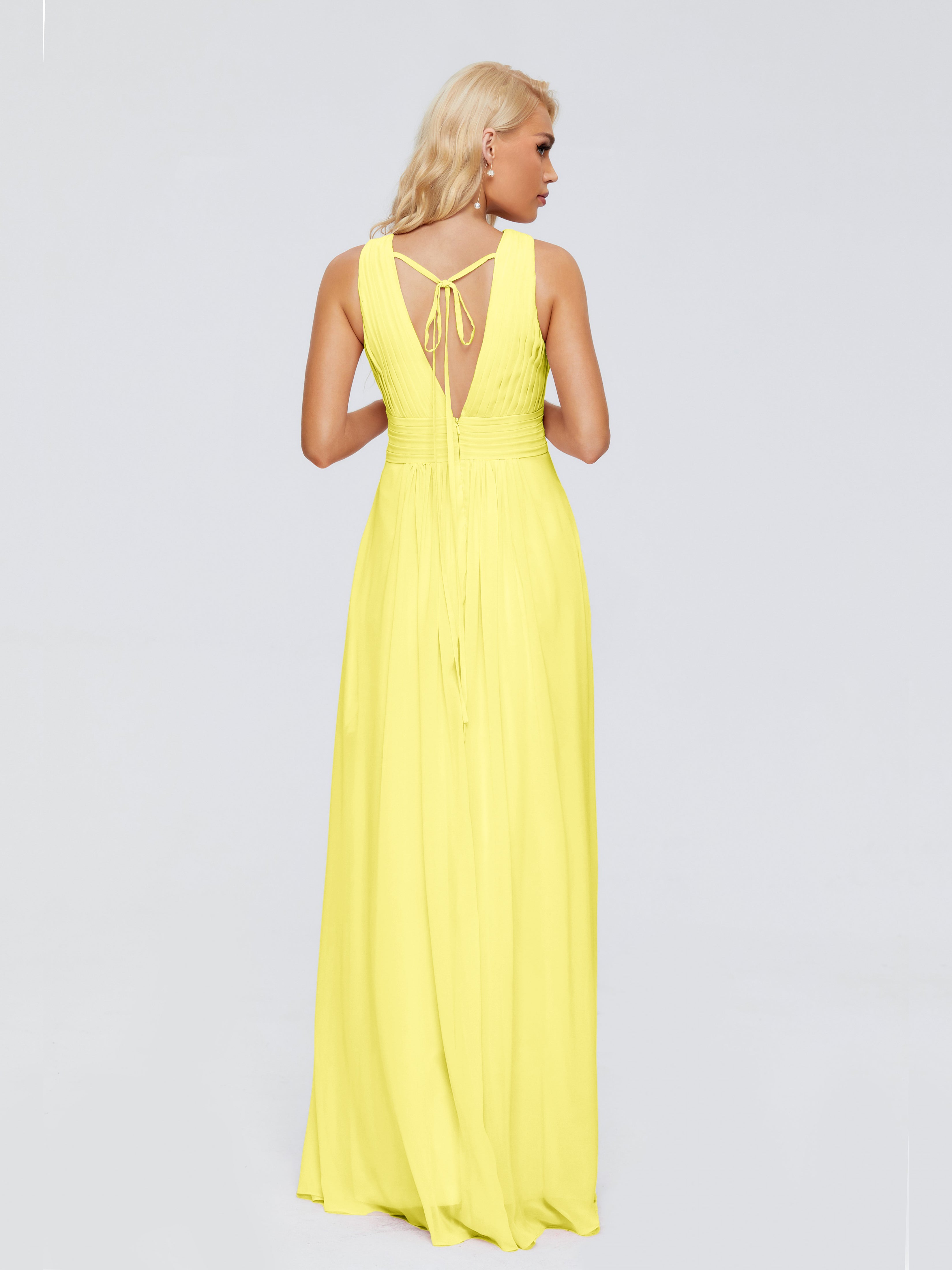 Robes De Demoiselle D'Honneur Citron Trapèze Col V Bretelle Mousseline Robes Demoiselle D'Honneur