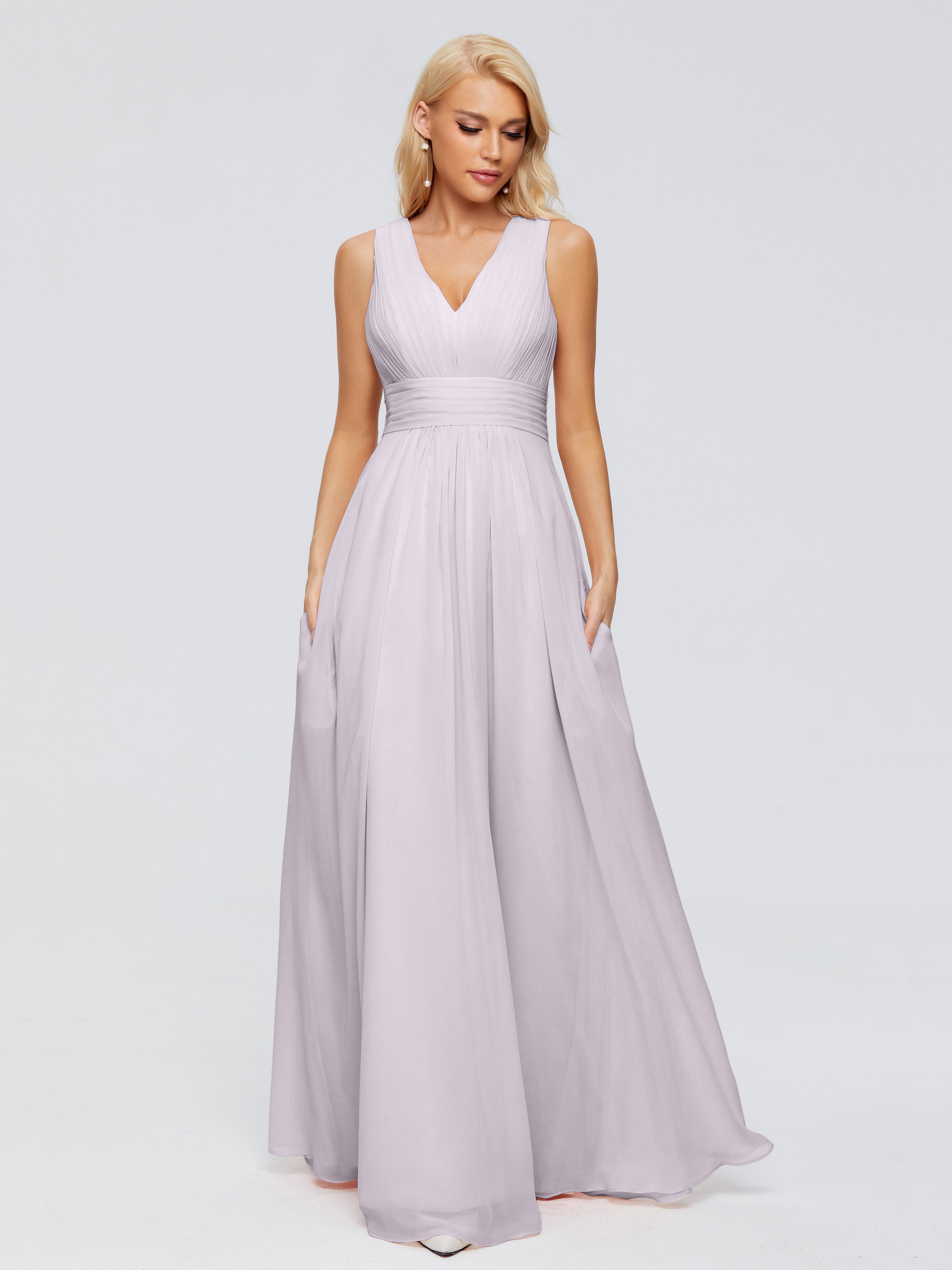 Robes De Demoiselle D'Honneur Couleur Crépuscule Trapèze Col V Bretelle Mousseline Robes Demoiselle D'Honneur