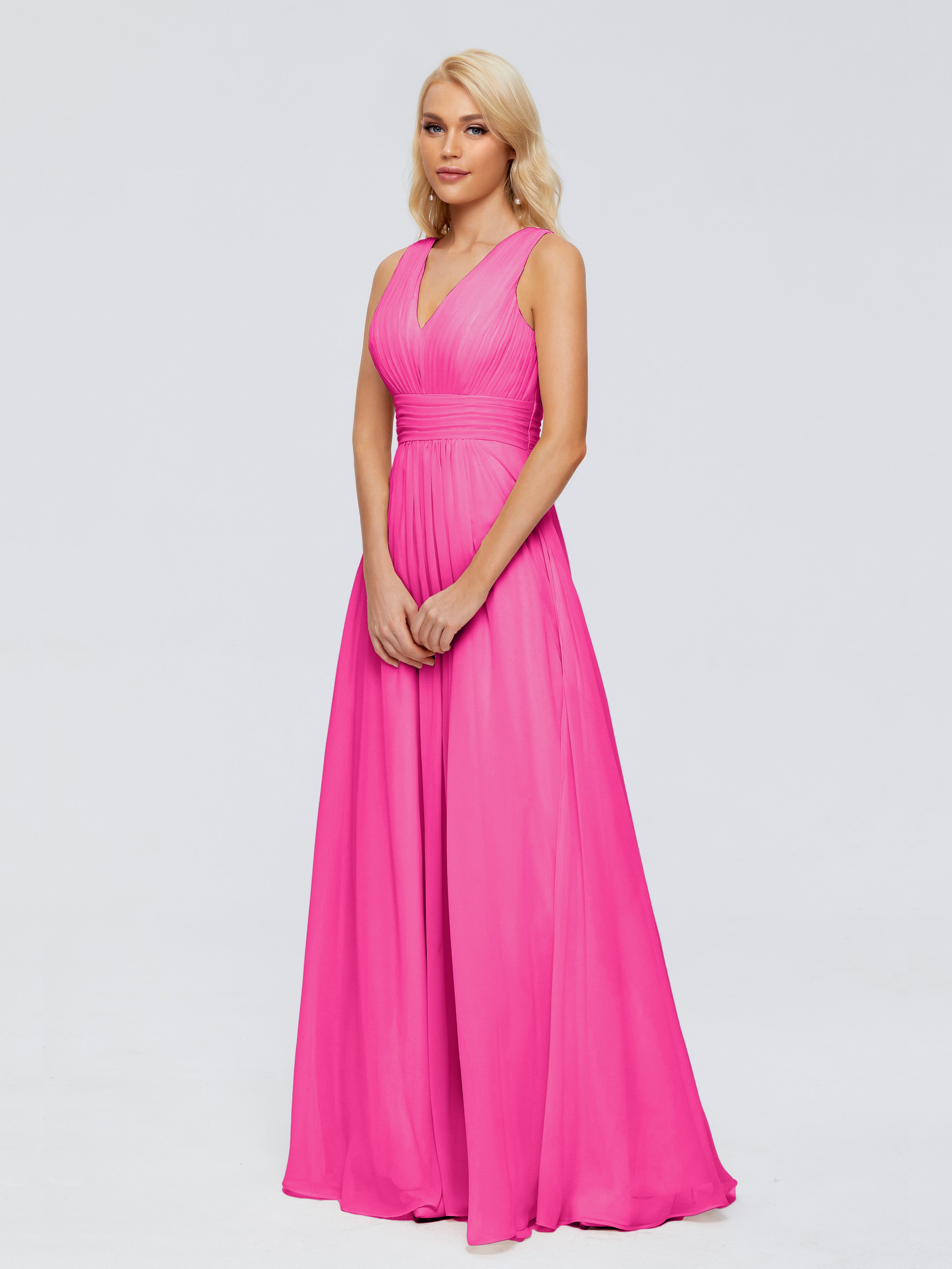 Robes De Demoiselle D'Honneur Rose Fuchsia Trapèze Col V Bretelle Mousseline Robes Demoiselle D'Honneur