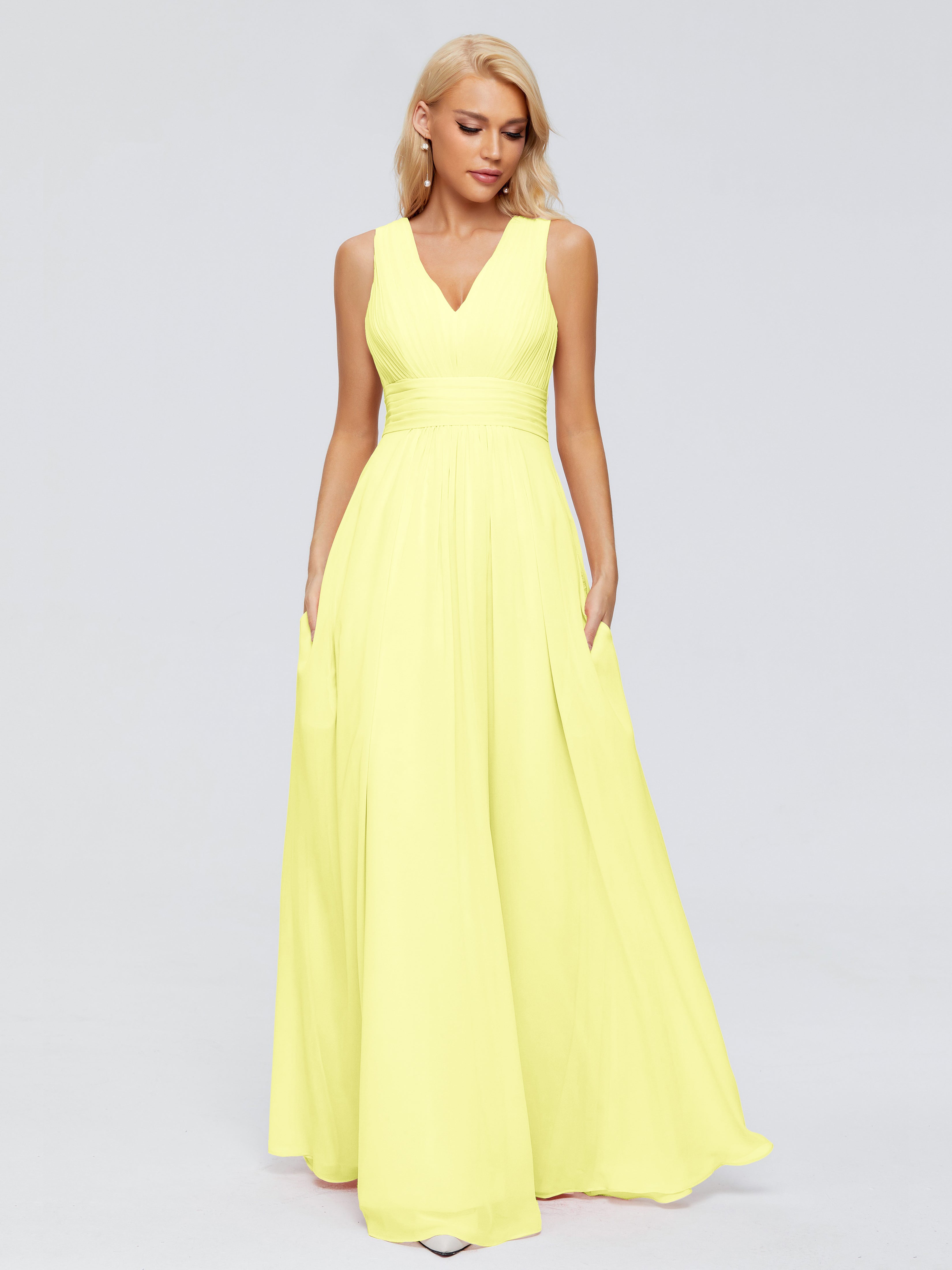 Robes De Demoiselle D'Honneur Jonquille Trapèze Col V Bretelle Mousseline Robes Demoiselle D'Honneur