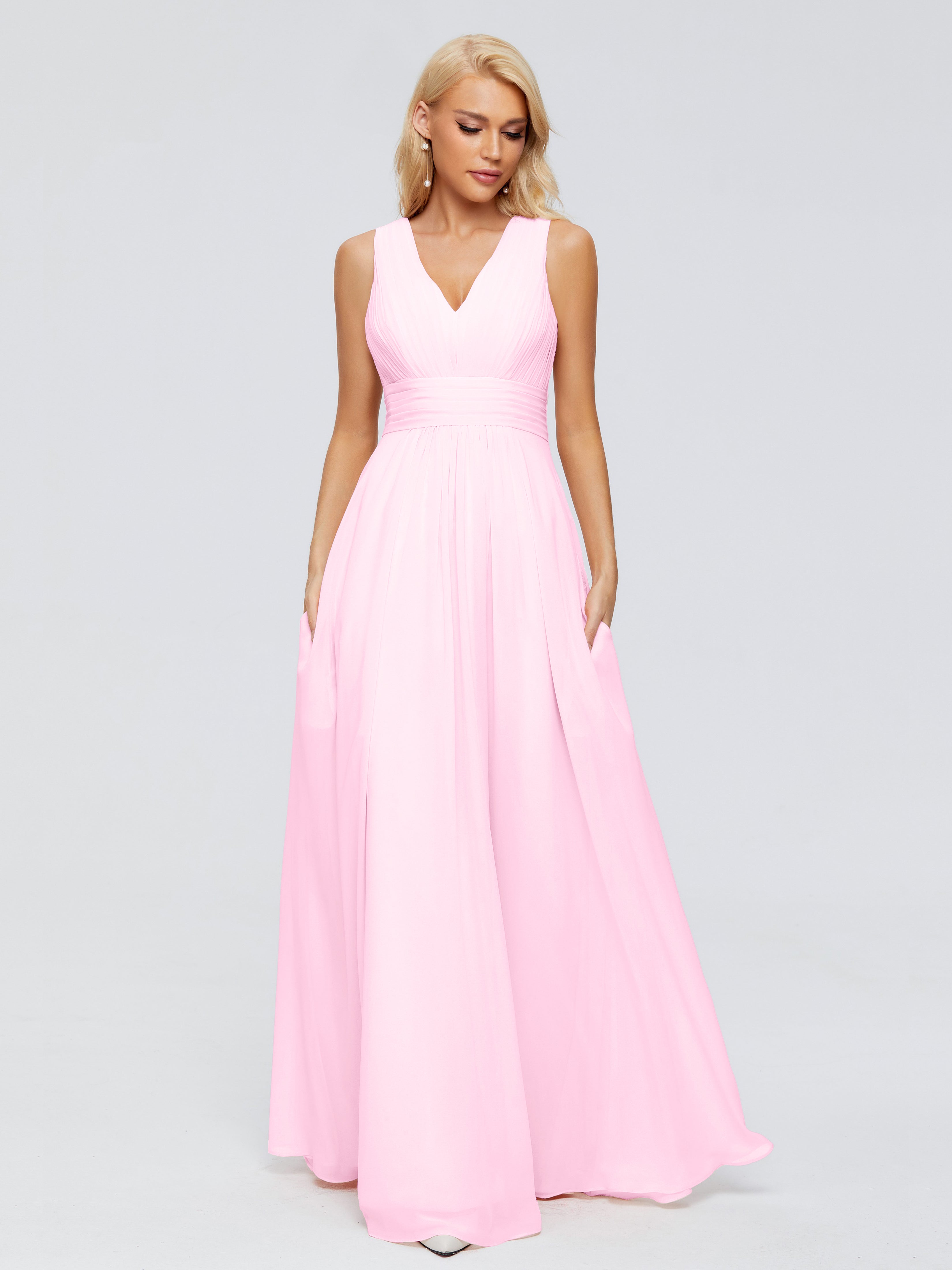 Robe Demoiselle D Honneur Rose Bonbon Trapèze Col V Bretelle Mousseline Robes Demoiselle D'Honneur