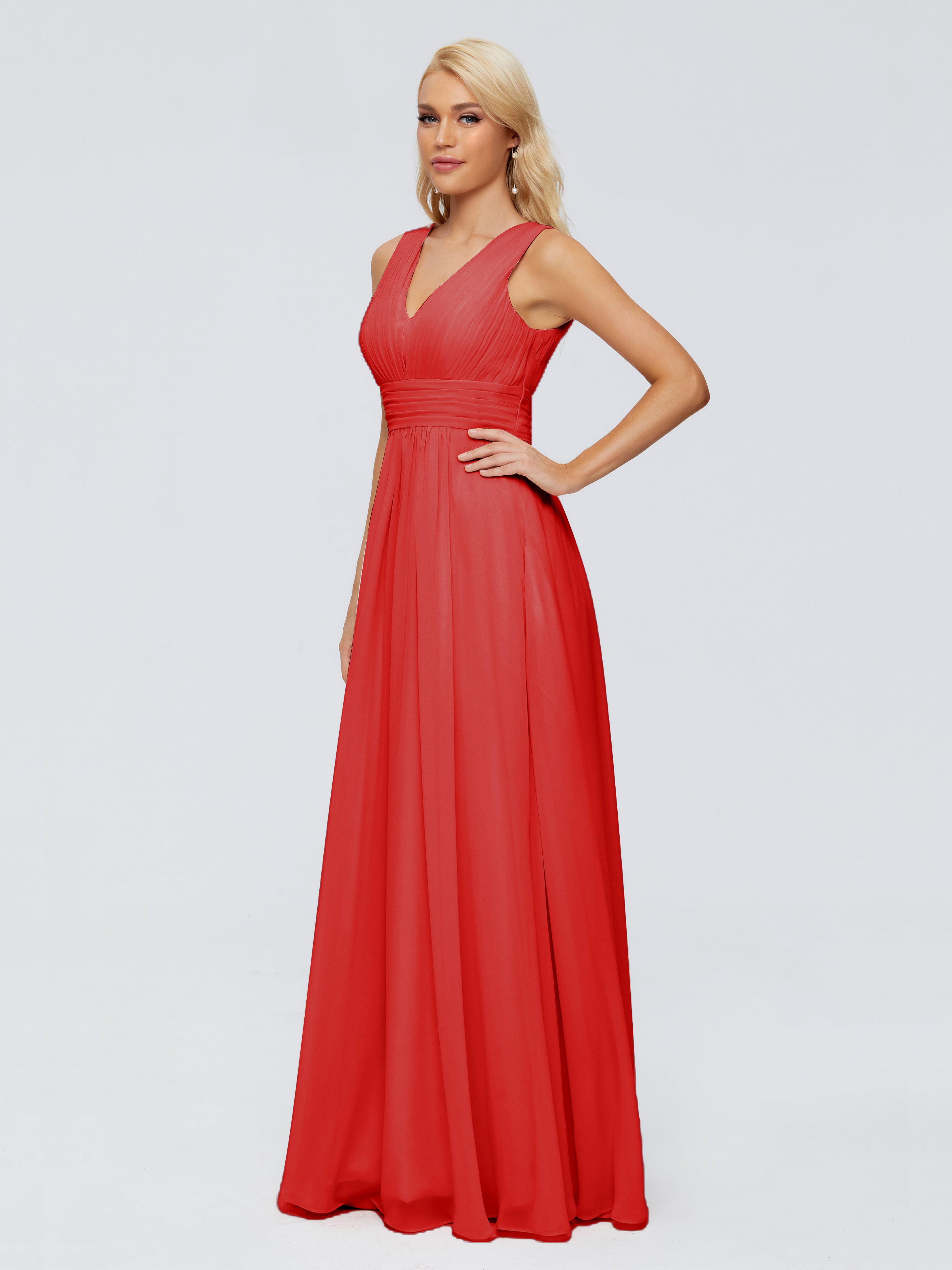 Rouge Robe Demoiselle D Honneur Chic Trapèze Col V Bretelle Mousseline Robes Demoiselle D'Honneur