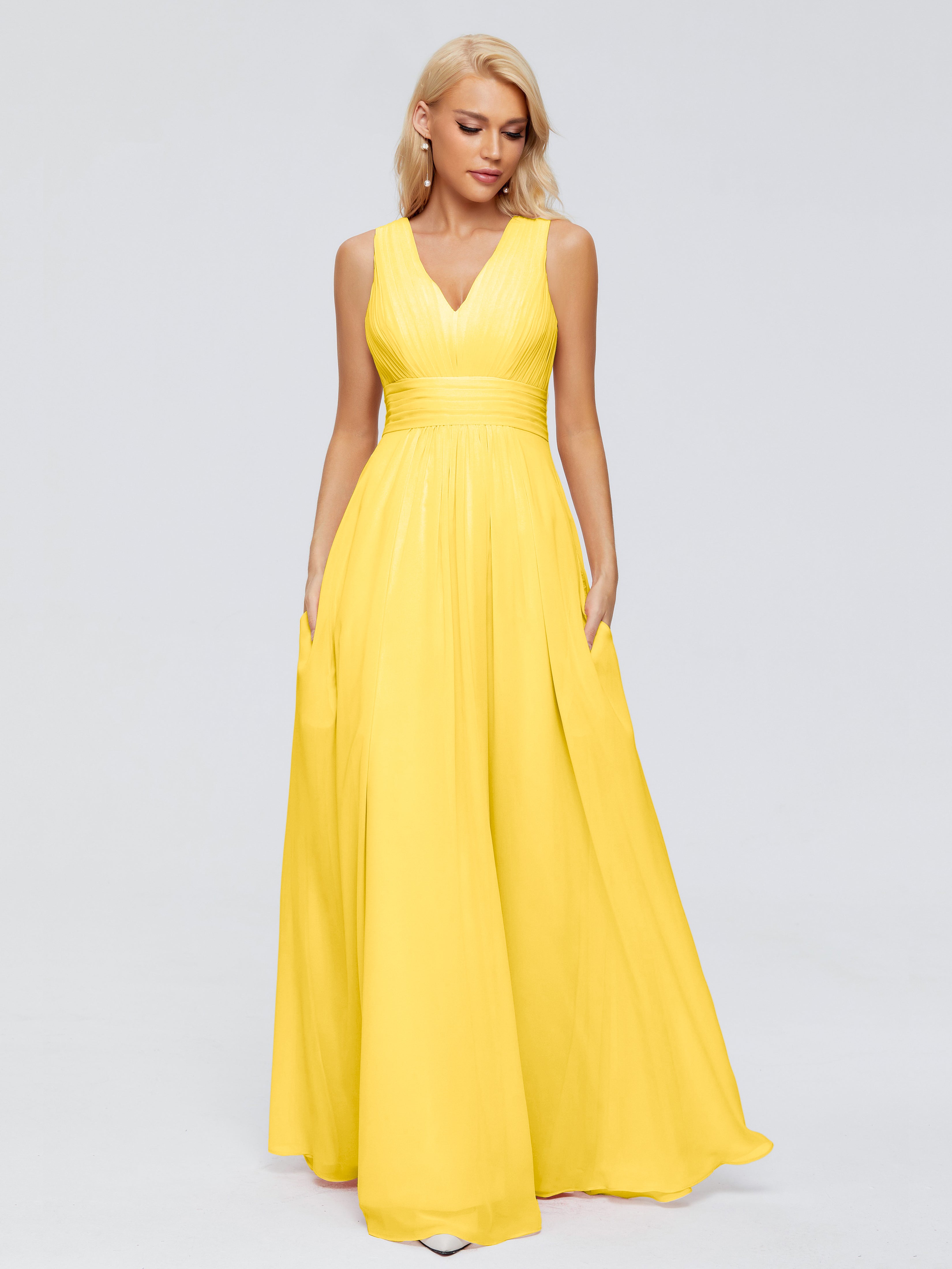 Robe De Demoiselle D'Honneur Souci Trapèze Col V Bretelle Mousseline Robes Demoiselle D'Honneur