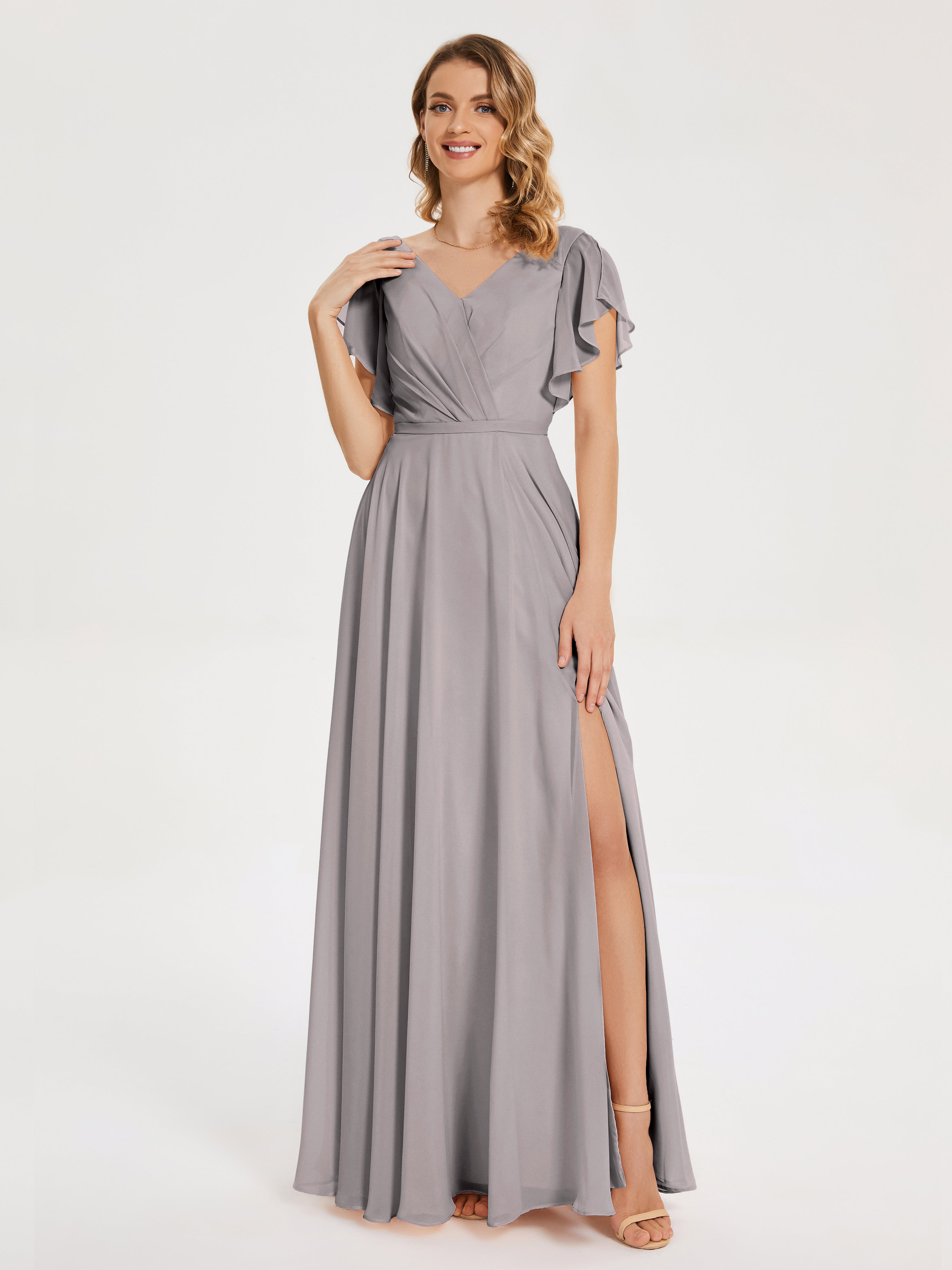 Robe Demoiselle D Honneur Argent Col V Fendue Mousseline Robes Demoiselle D'Honneur À Volants