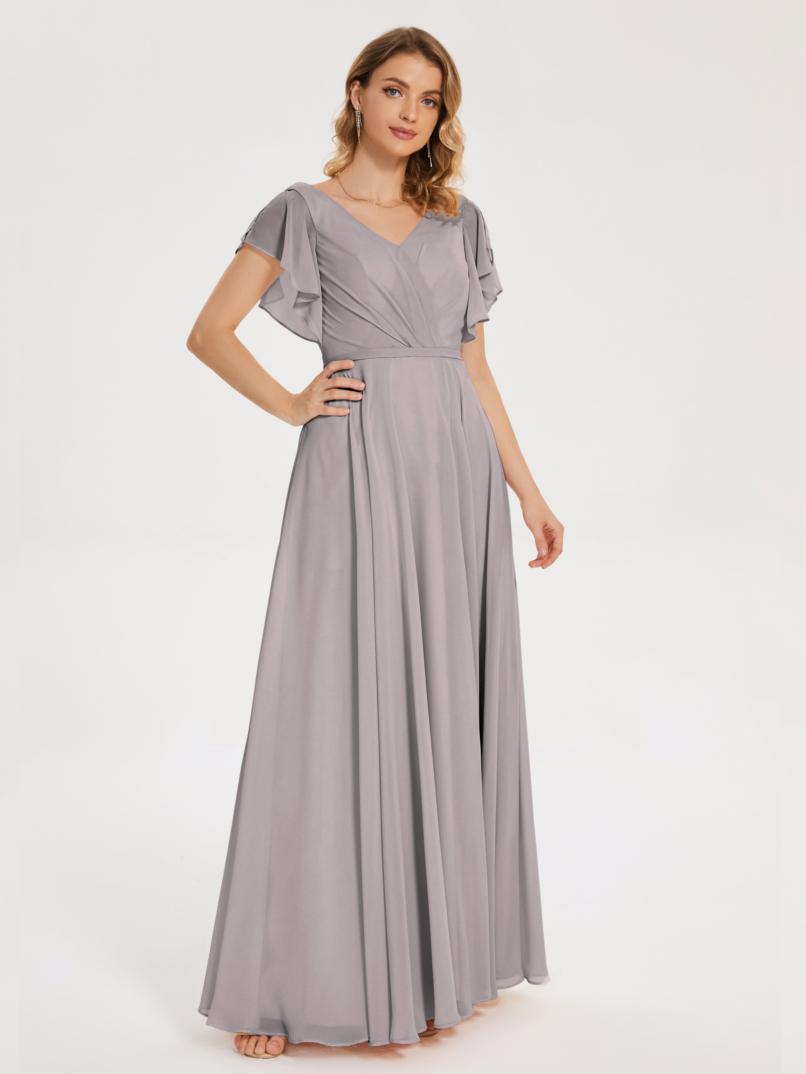 Robe Demoiselle D Honneur Argent Col V Fendue Mousseline Robes Demoiselle D'Honneur À Volants