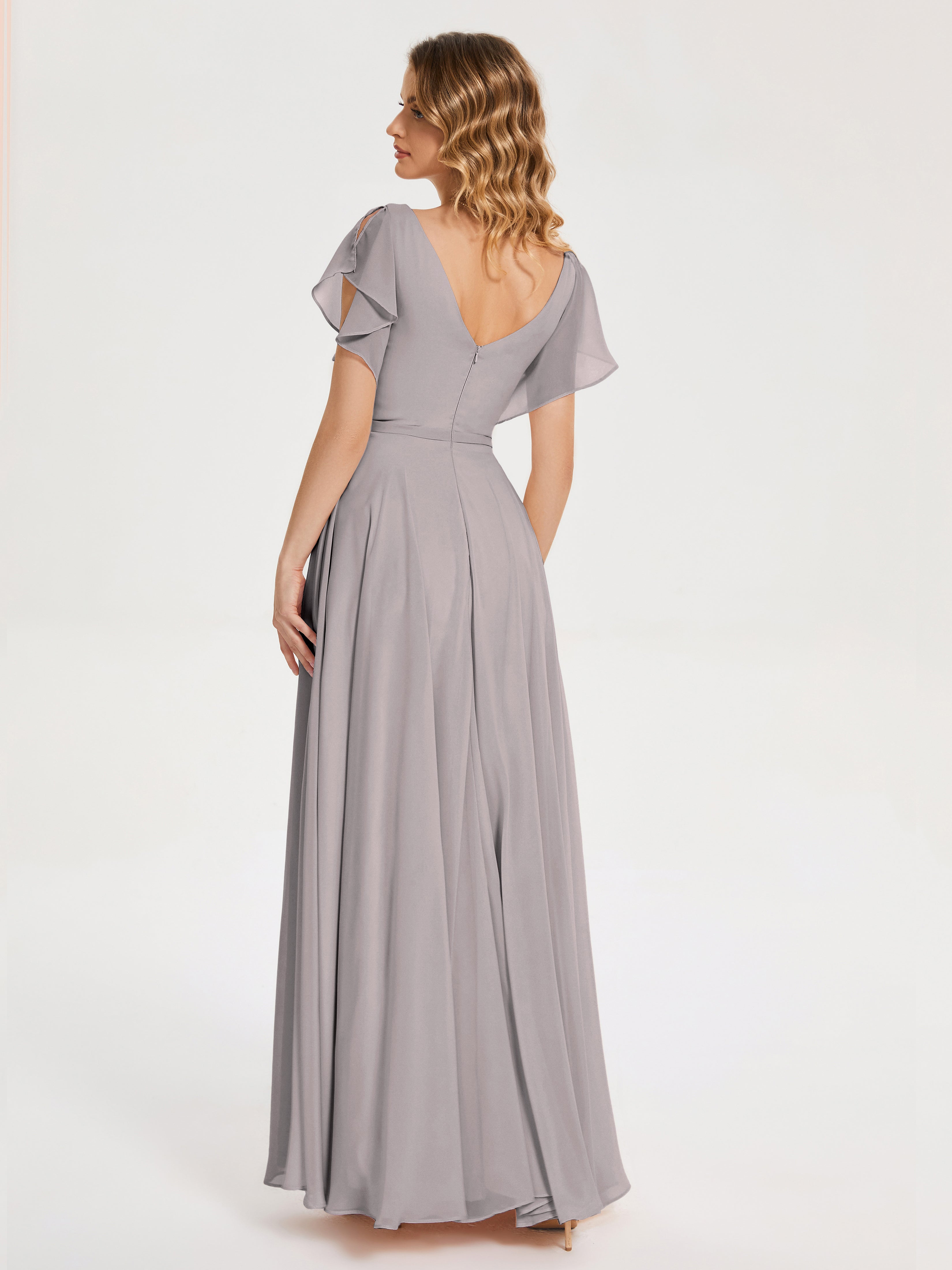 Robe Demoiselle D Honneur Argent Col V Fendue Mousseline Robes Demoiselle D'Honneur À Volants