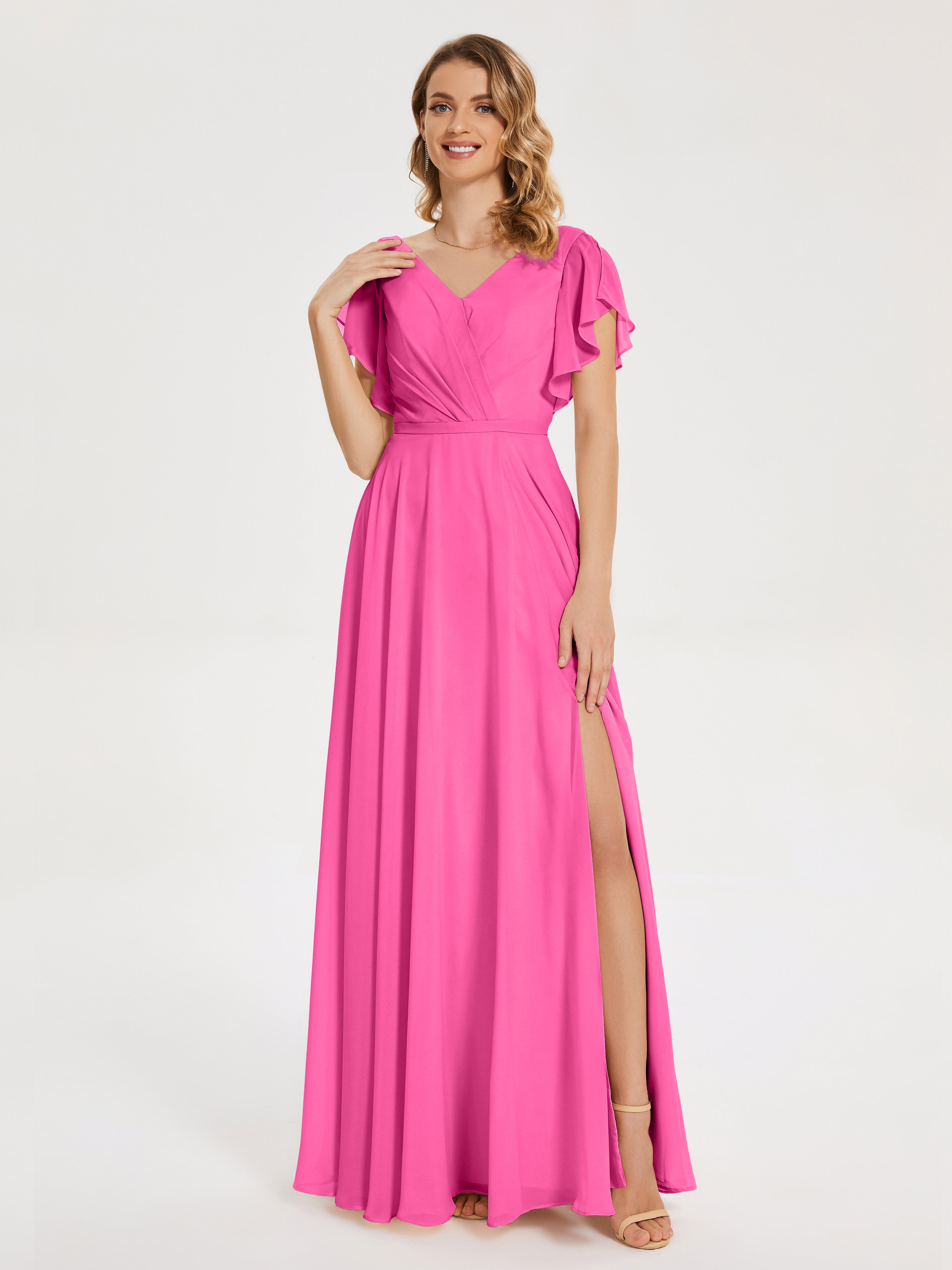Robe Demoiselle D Honneur Azalée Col V Fendue Mousseline Robes Demoiselle D'Honneur À Volants