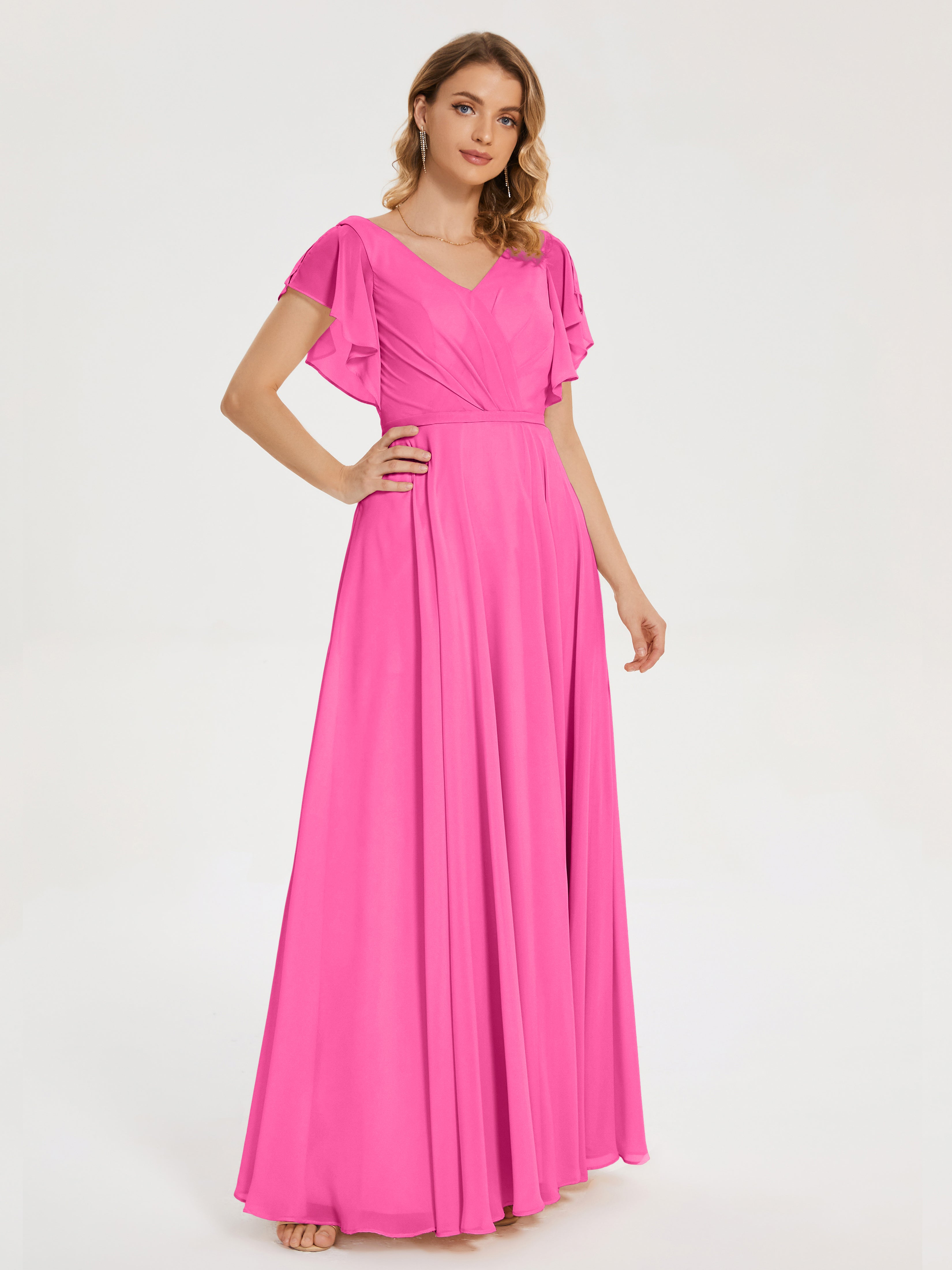 Robe Demoiselle D Honneur Azalée Col V Fendue Mousseline Robes Demoiselle D'Honneur À Volants
