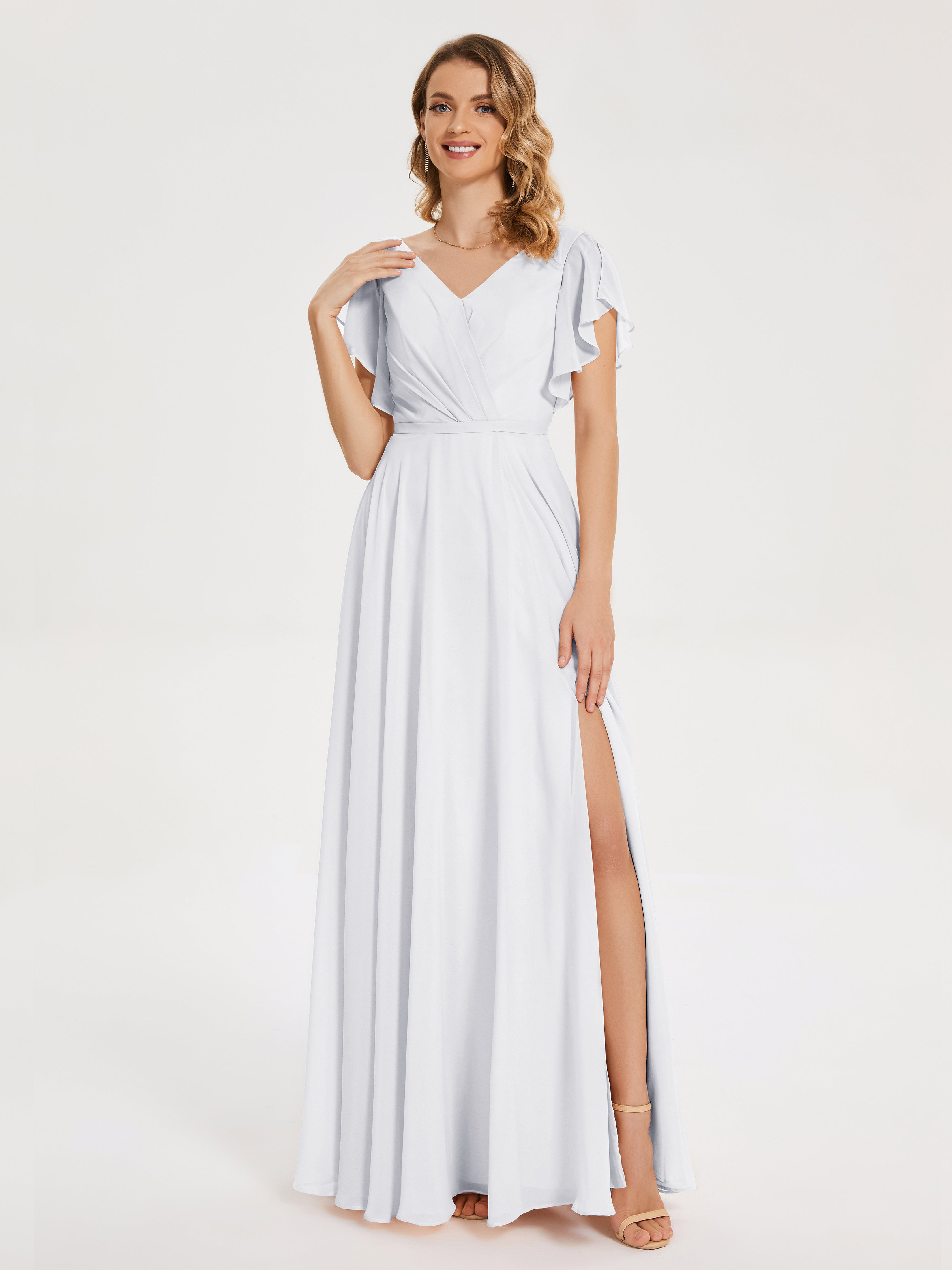 Robe Demoiselle D Honneur Blanc Col V Fendue Mousseline Robes Demoiselle D'Honneur À Volants