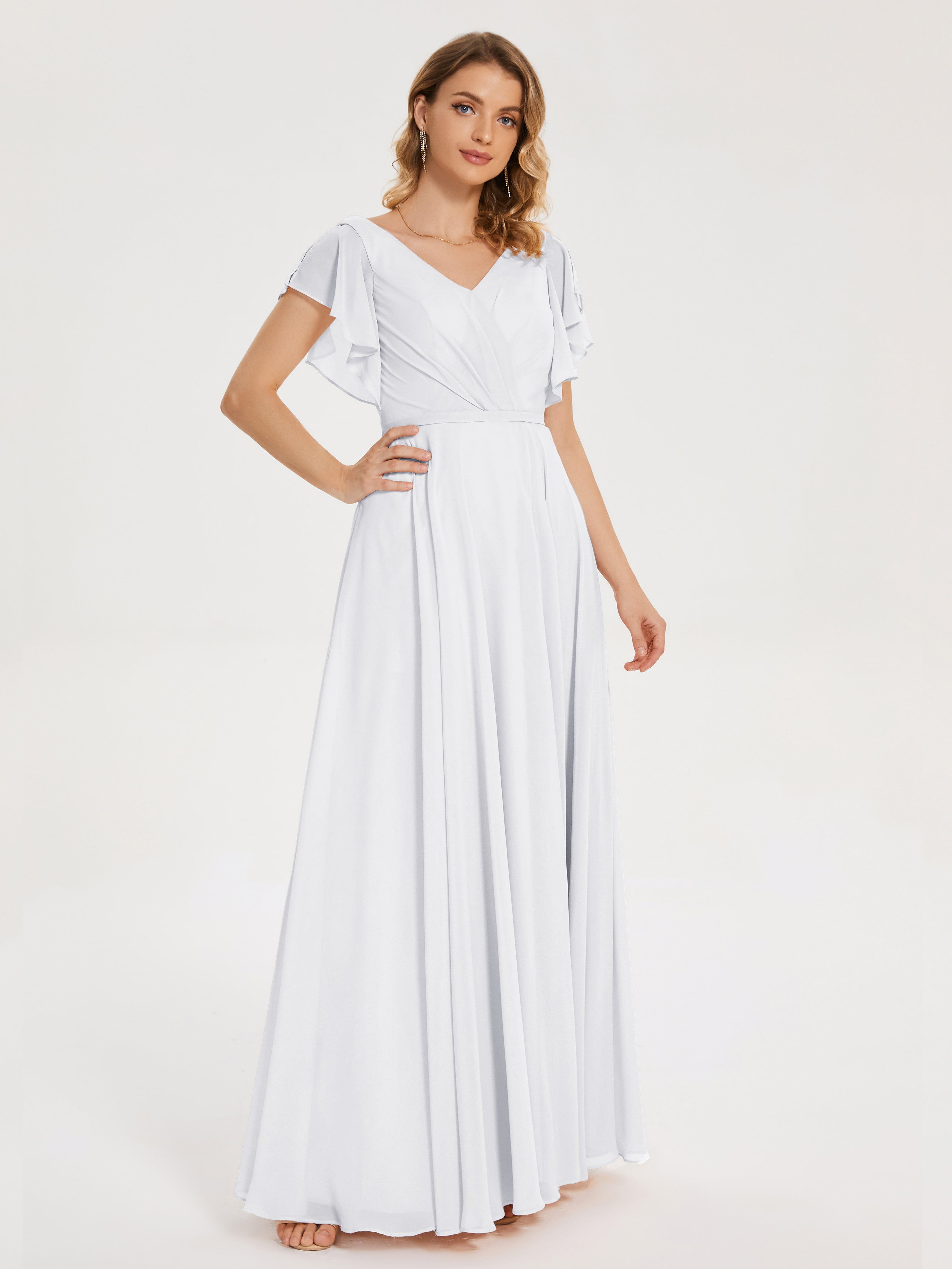 Robe Demoiselle D Honneur Blanc Col V Fendue Mousseline Robes Demoiselle D'Honneur À Volants