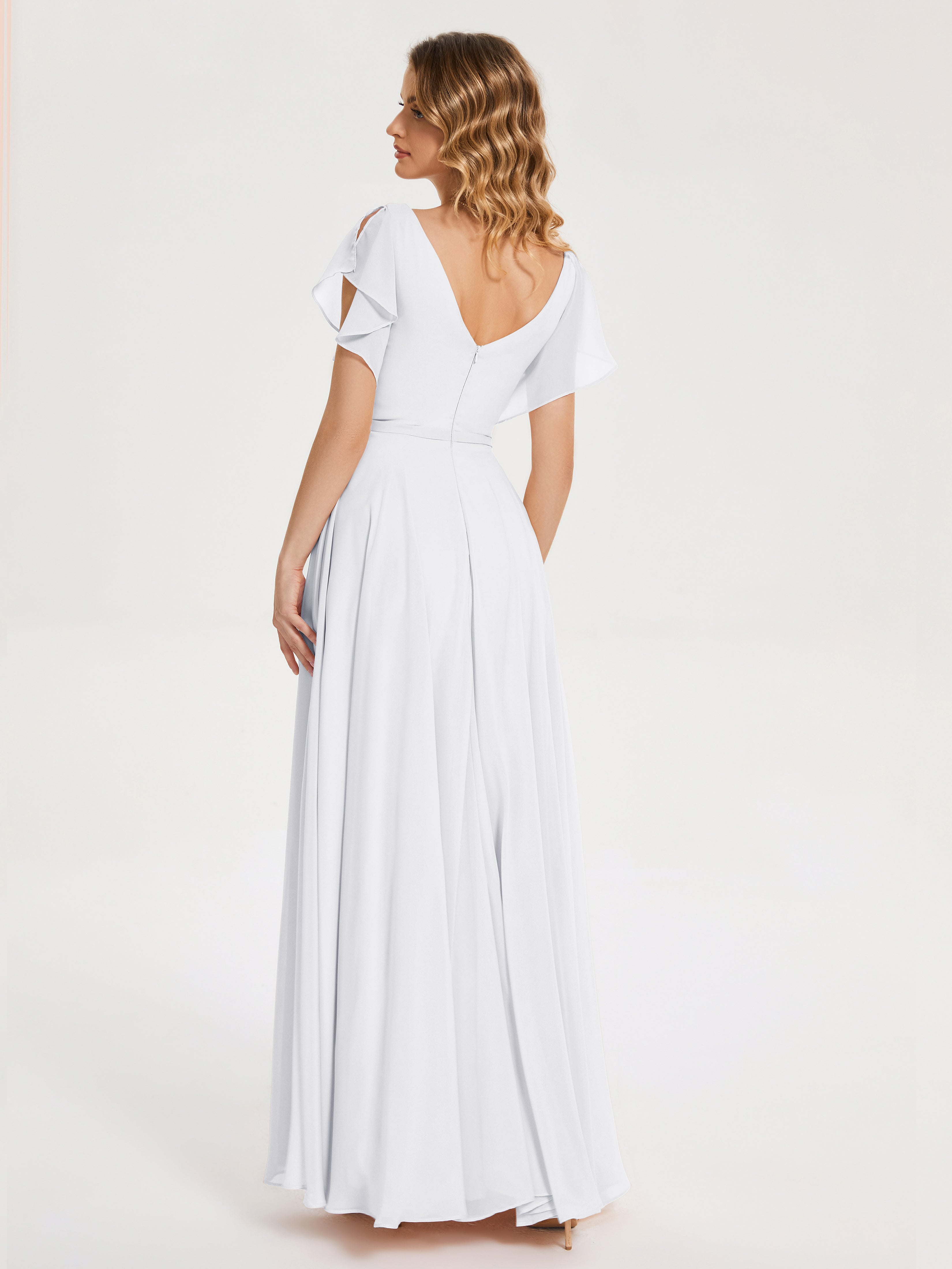 Robe Demoiselle D Honneur Blanc Col V Fendue Mousseline Robes Demoiselle D'Honneur À Volants