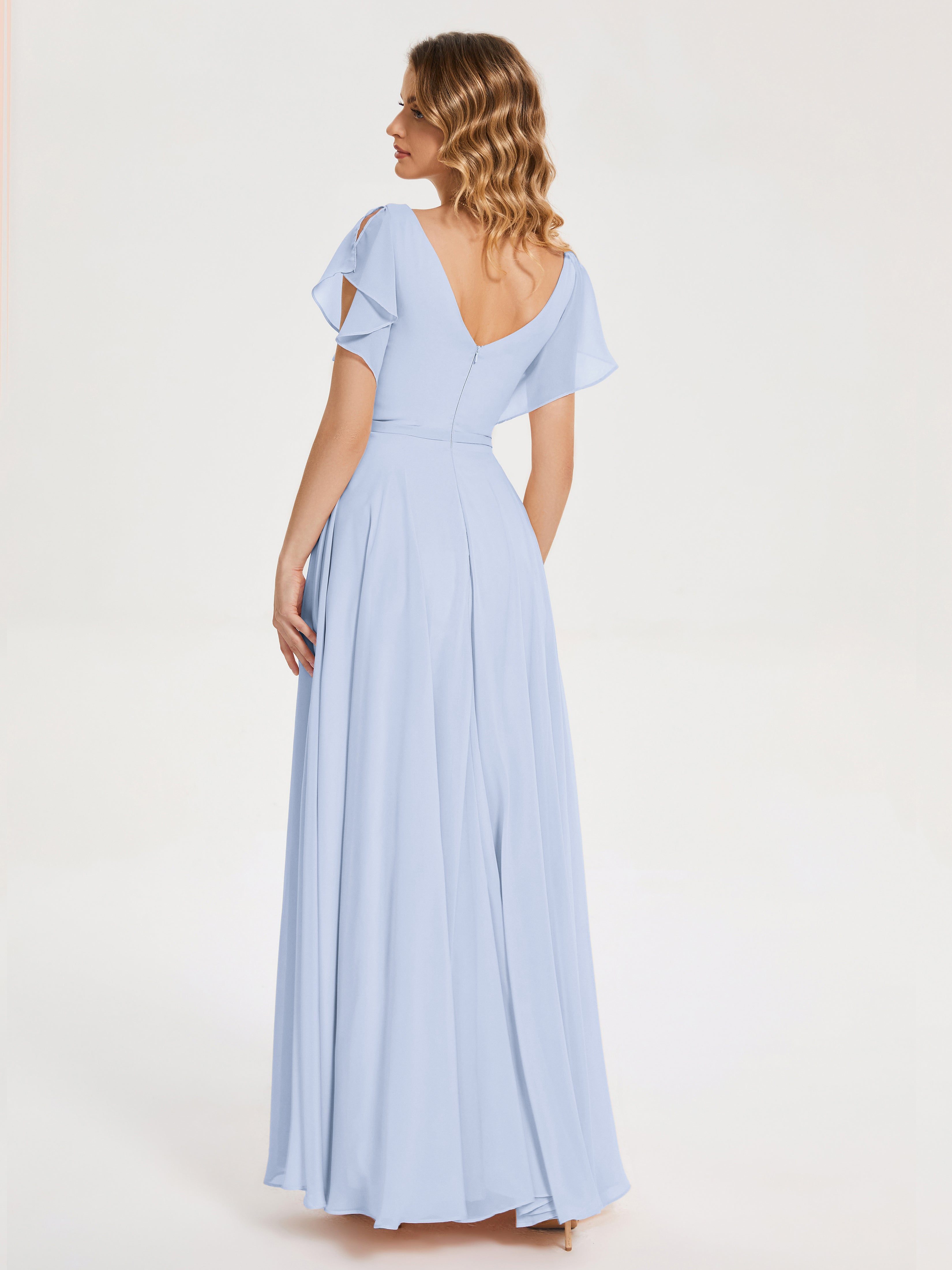 Robes De Demoiselle D'Honneur Bleu Ciel Col V Fendue Mousseline Robes Demoiselle D'Honneur À Volants