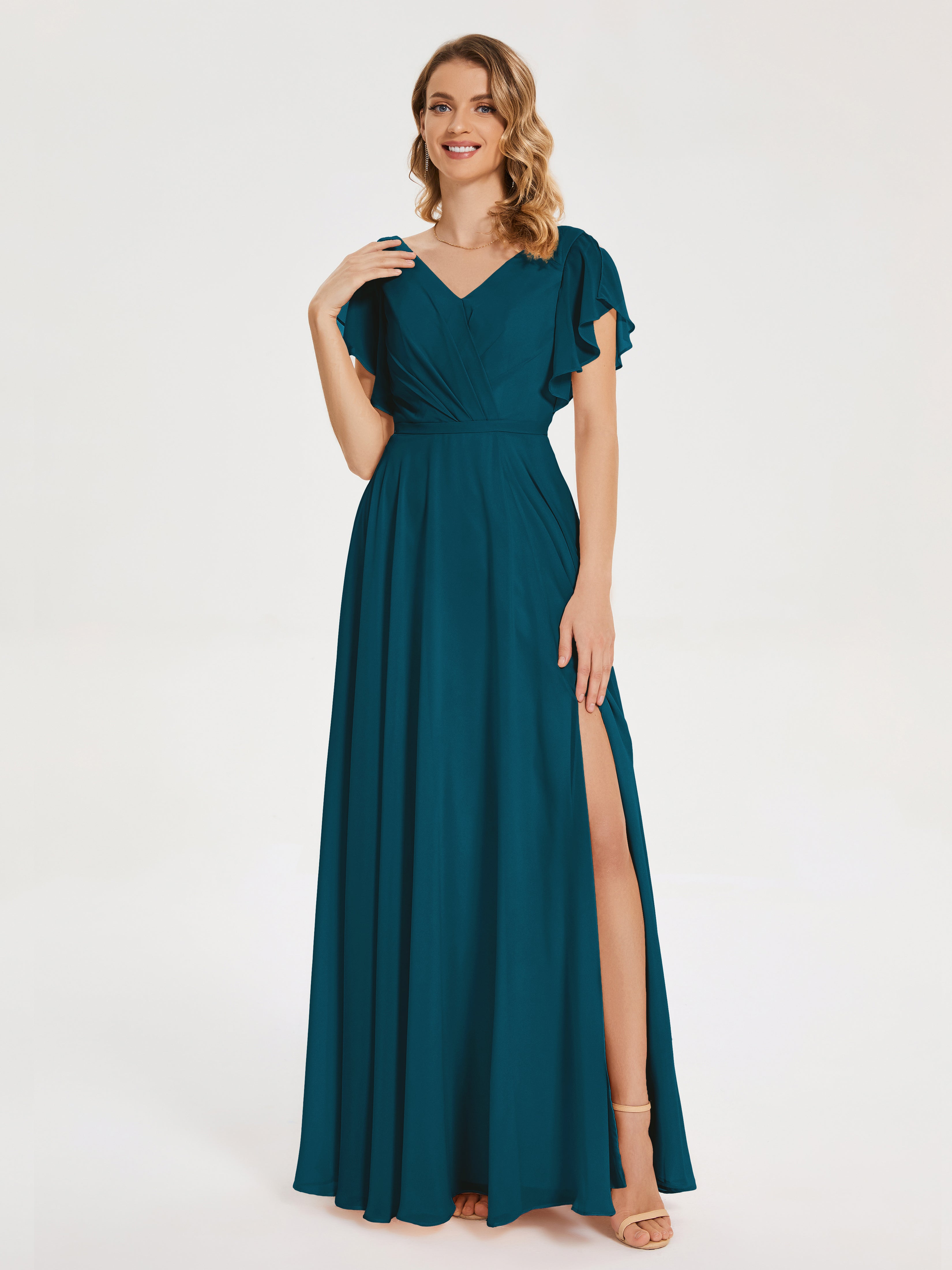 Robe De Demoiselle D'Honneur Bleu Encre Col V Fendue Mousseline Robes Demoiselle D'Honneur À Volants