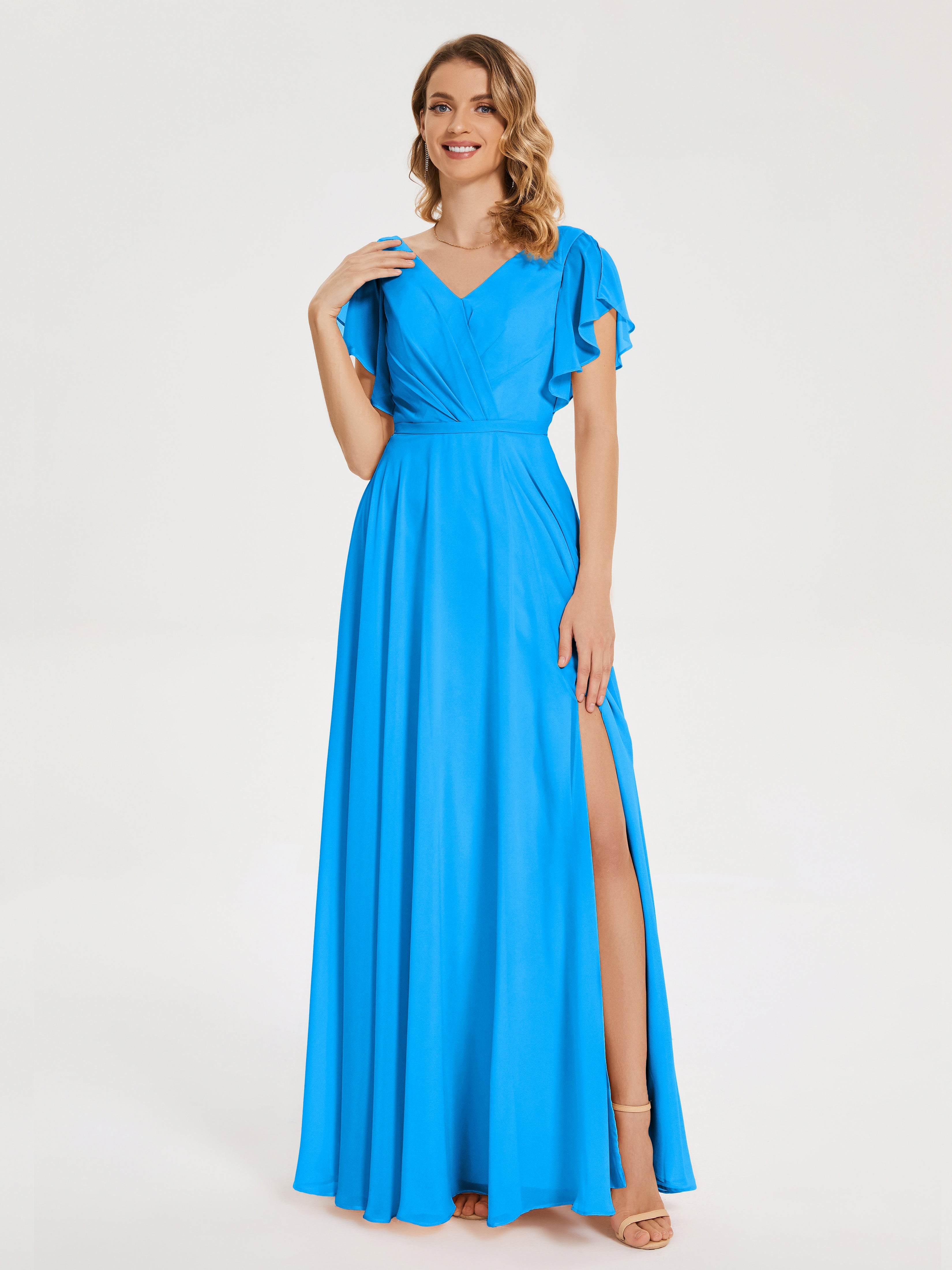 Robes De Demoiselle D'Honneur Bleu Océan Col V Fendue Mousseline Robes Demoiselle D'Honneur À Volants