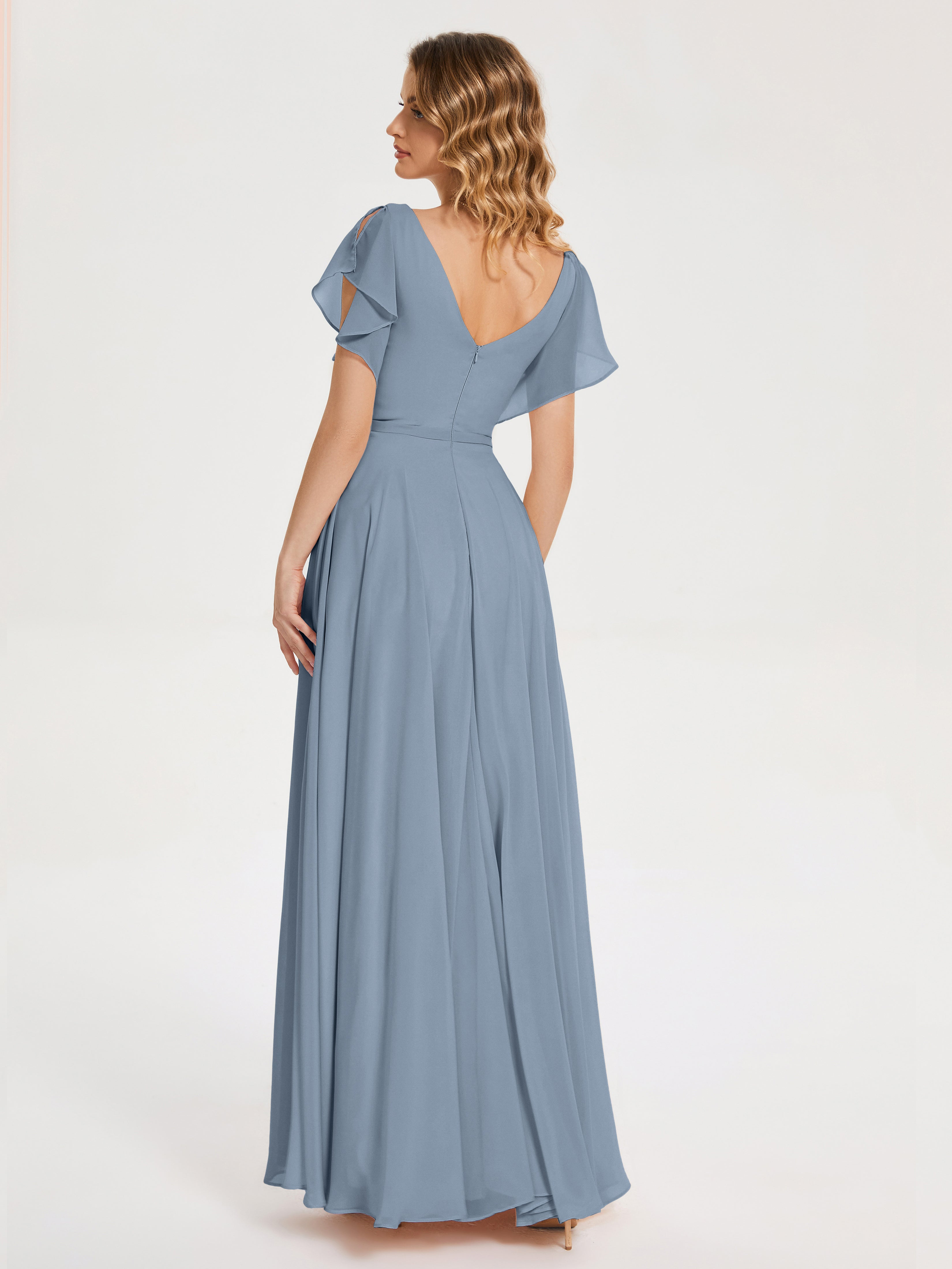 Robes De Demoiselle D'Honneur Bleu Poudre Col V Fendue Mousseline Robes Demoiselle D'Honneur À Volants