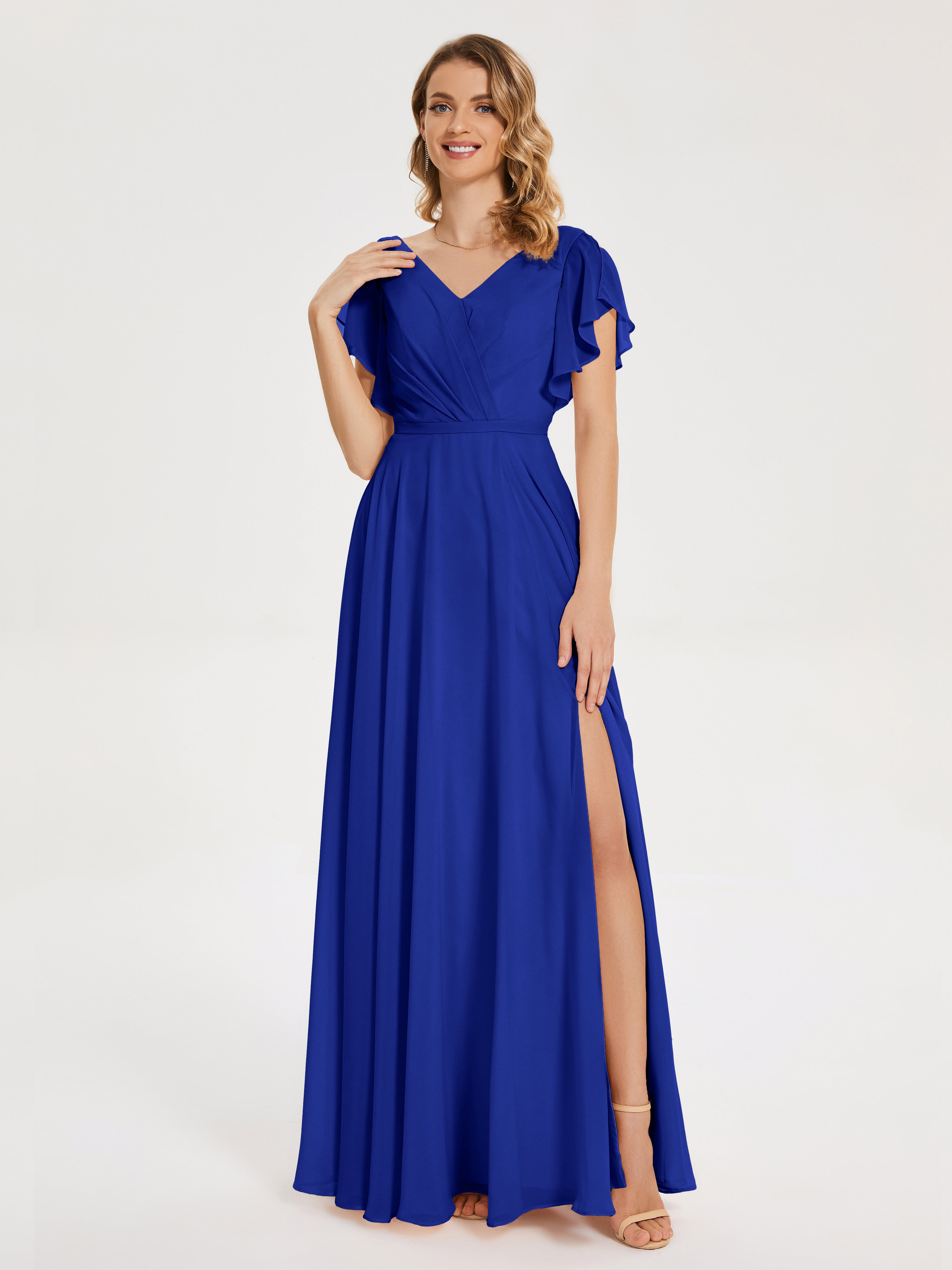 Demoiselle Dhonneur Robe Bleu Roi Col V Fendue Mousseline Robes Demoiselle D'Honneur À Volants