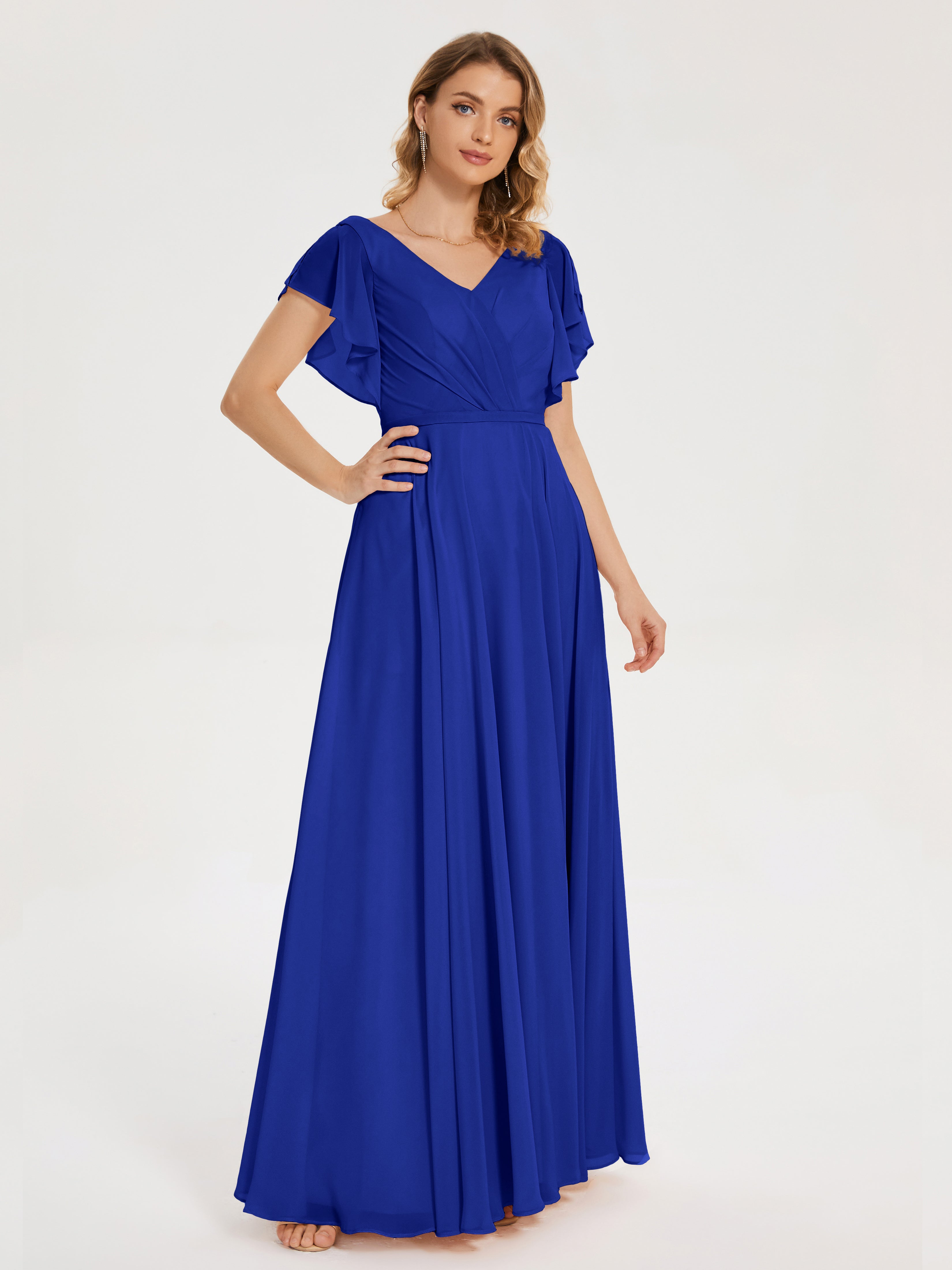 Demoiselle Dhonneur Robe Bleu Roi Col V Fendue Mousseline Robes Demoiselle D'Honneur À Volants