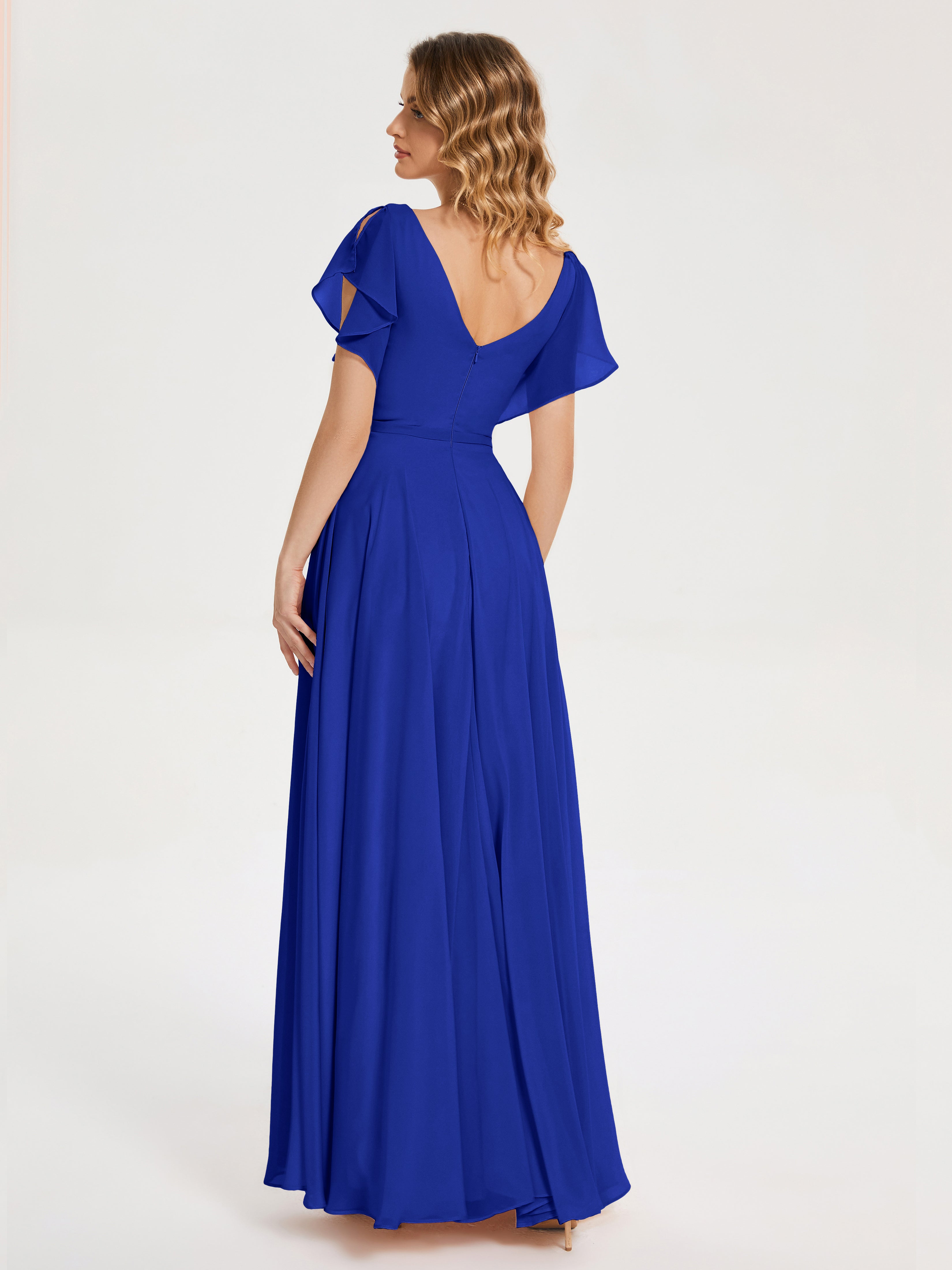 Demoiselle Dhonneur Robe Bleu Roi Col V Fendue Mousseline Robes Demoiselle D'Honneur À Volants