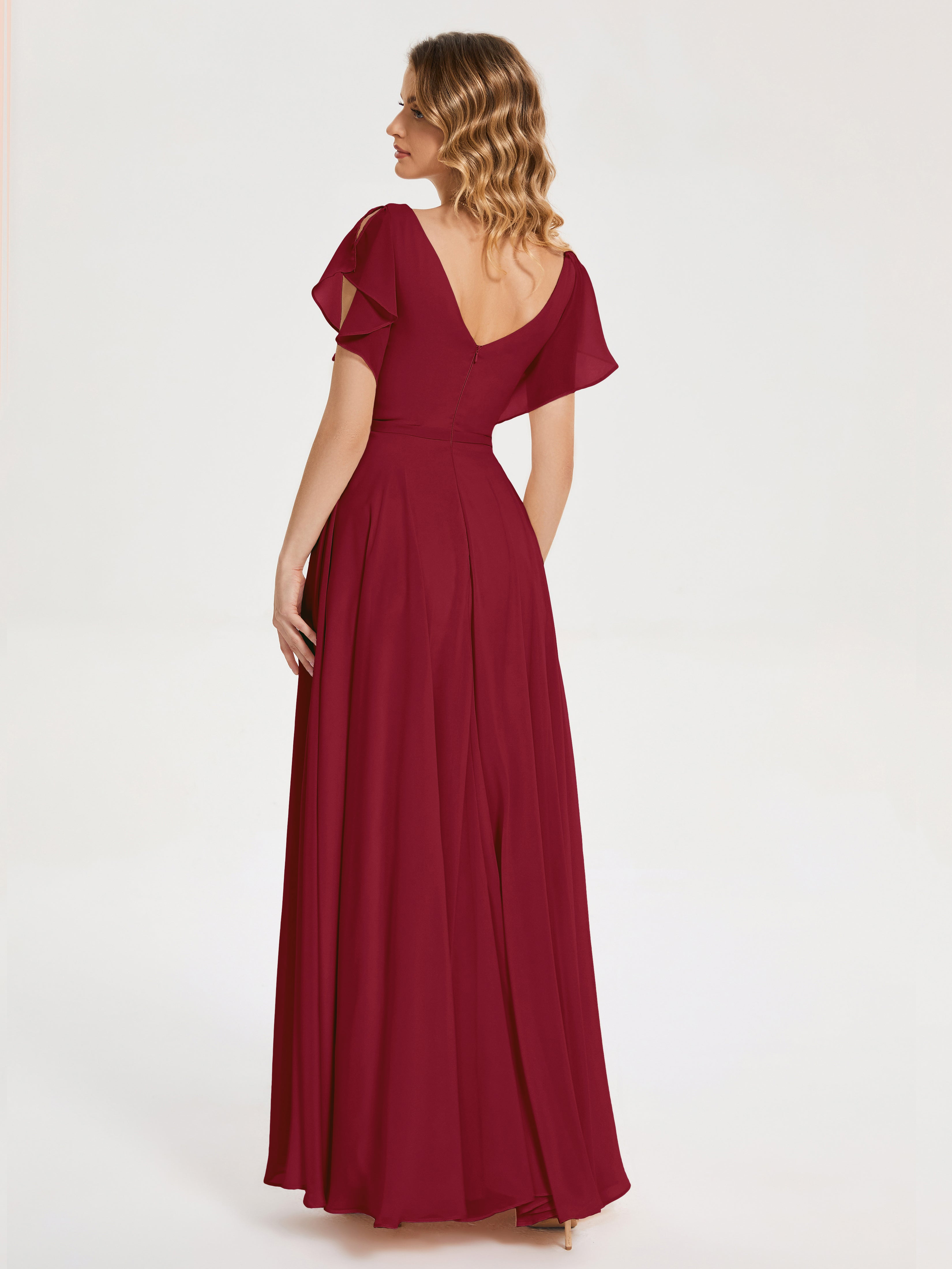 Long Robe Demoiselle D Honneur Bordeaux Col V Fendue Mousseline Robes Demoiselle D'Honneur À Volants
