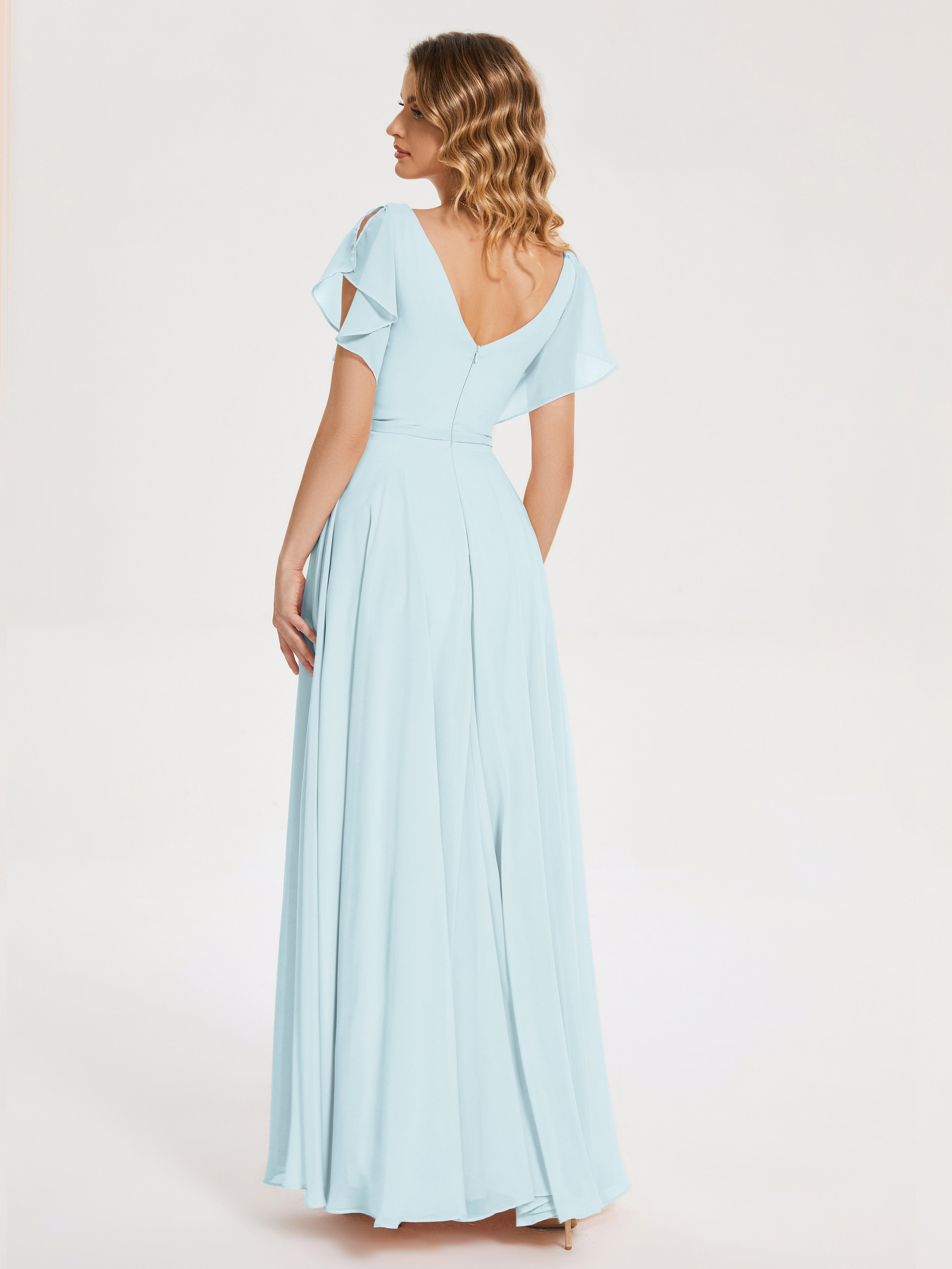Robe De Demoiselle D'Honneur Brume Col V Fendue Mousseline Robes Demoiselle D'Honneur À Volants