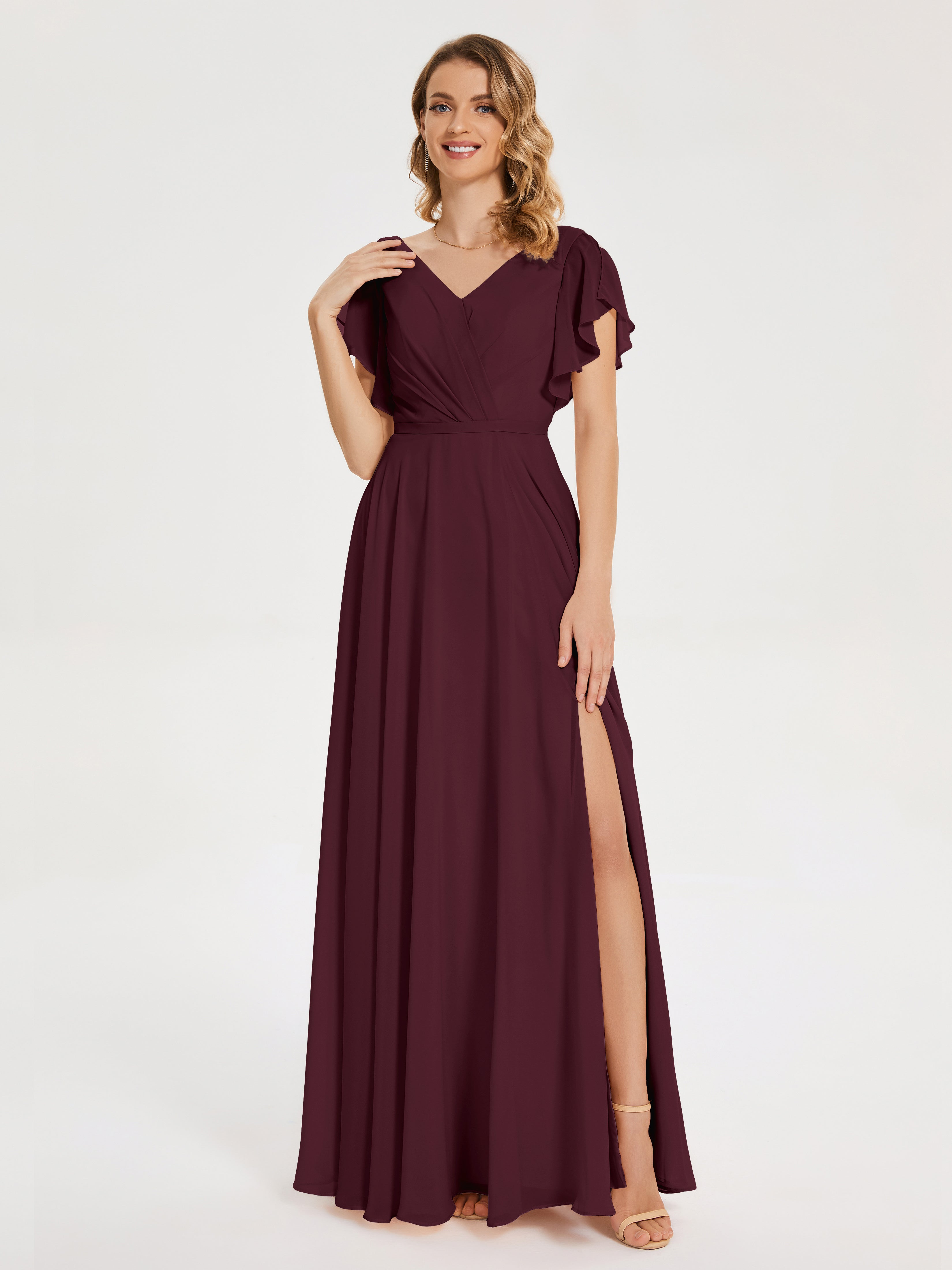 Robes De Demoiselle D'Honneur Cabernet Col V Fendue Mousseline Robes Demoiselle D'Honneur À Volants