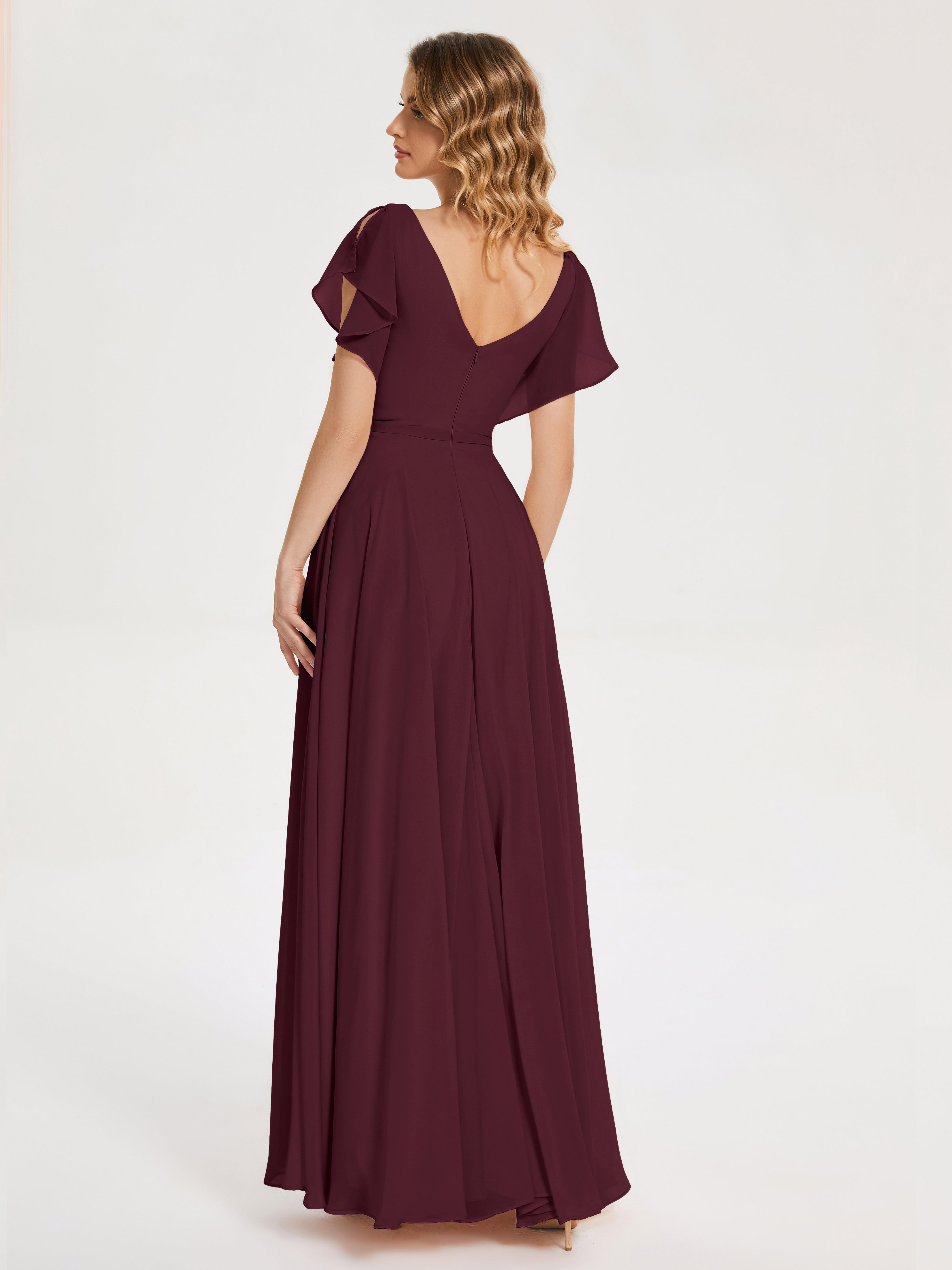 Robes De Demoiselle D'Honneur Cabernet Col V Fendue Mousseline Robes Demoiselle D'Honneur À Volants