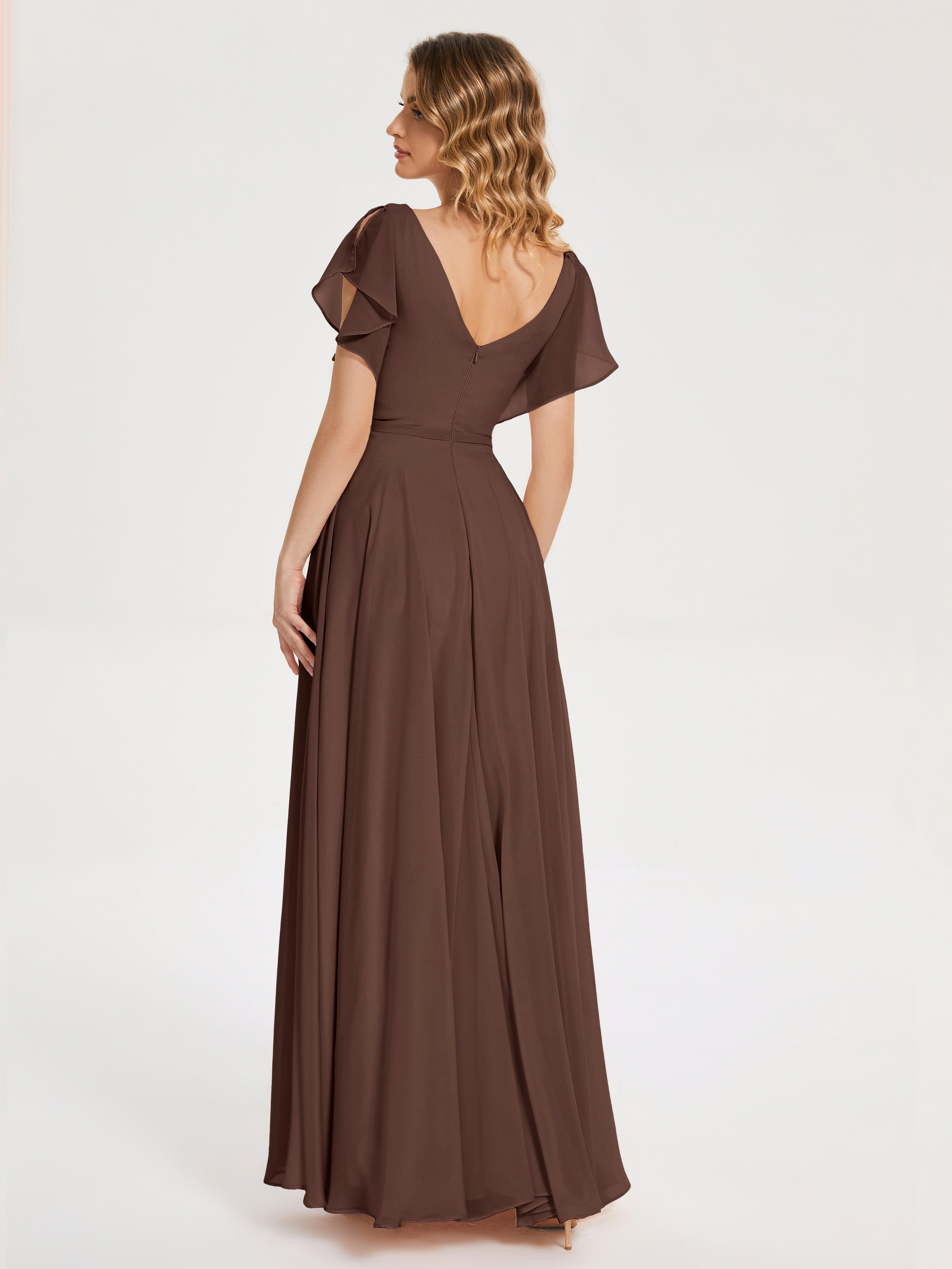 Robe Demoiselle D Honneur Marron Chocolat Col V Fendue Mousseline Robes Demoiselle D'Honneur À Volants