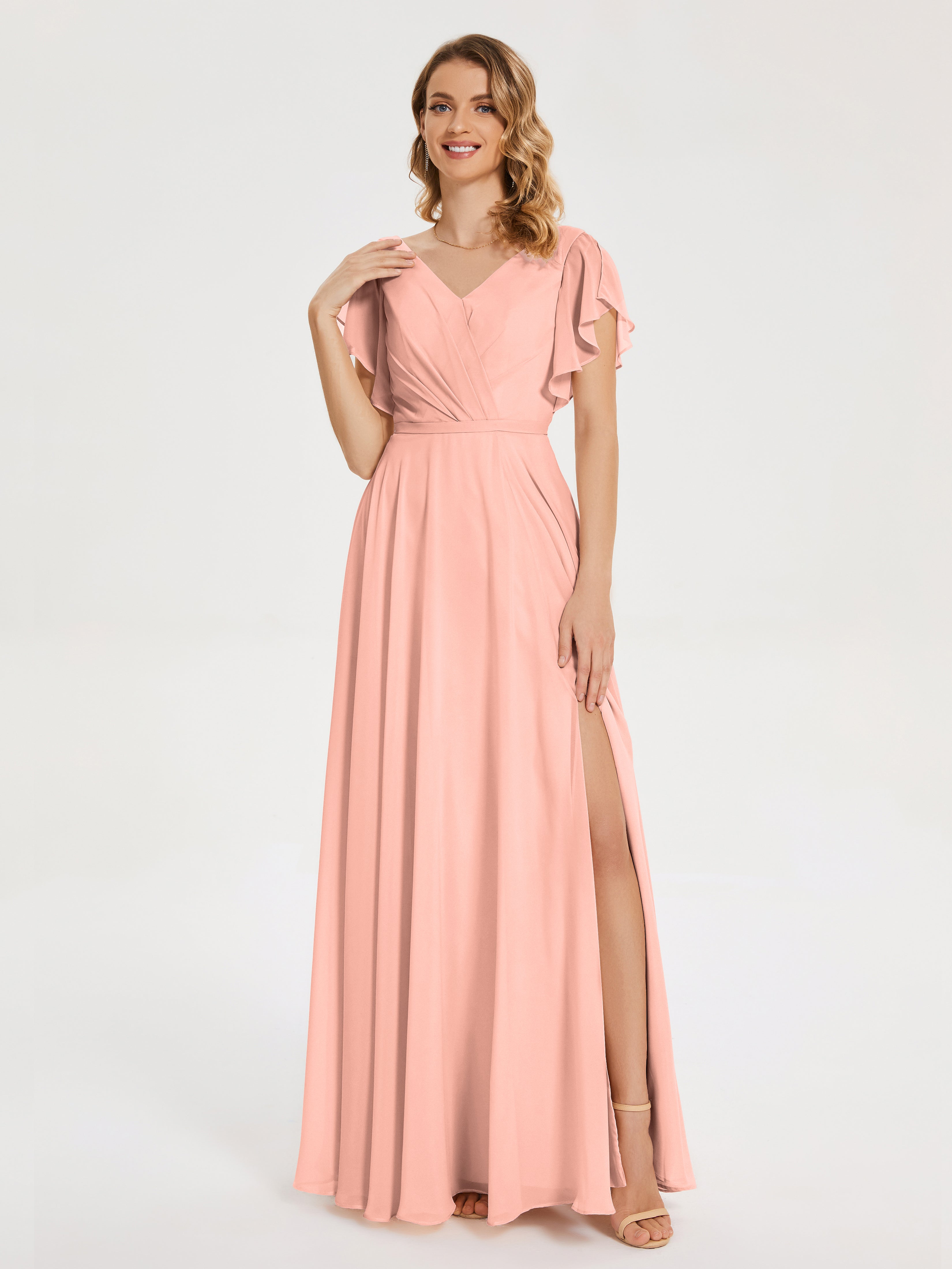Demoiselle Dhonneur Robe Corail Col V Fendue Mousseline Robes Demoiselle D'Honneur À Volants