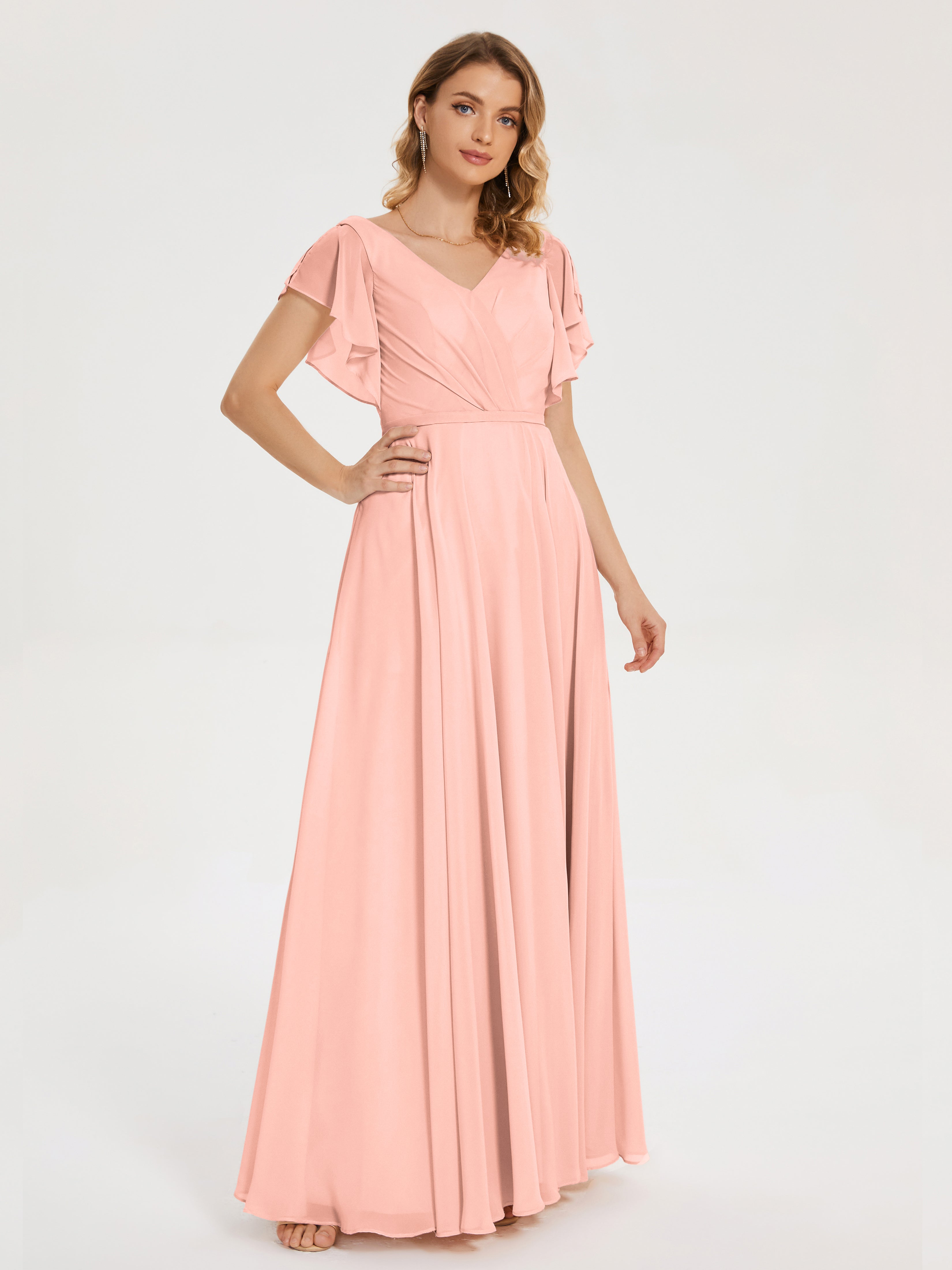 Demoiselle Dhonneur Robe Corail Col V Fendue Mousseline Robes Demoiselle D'Honneur À Volants