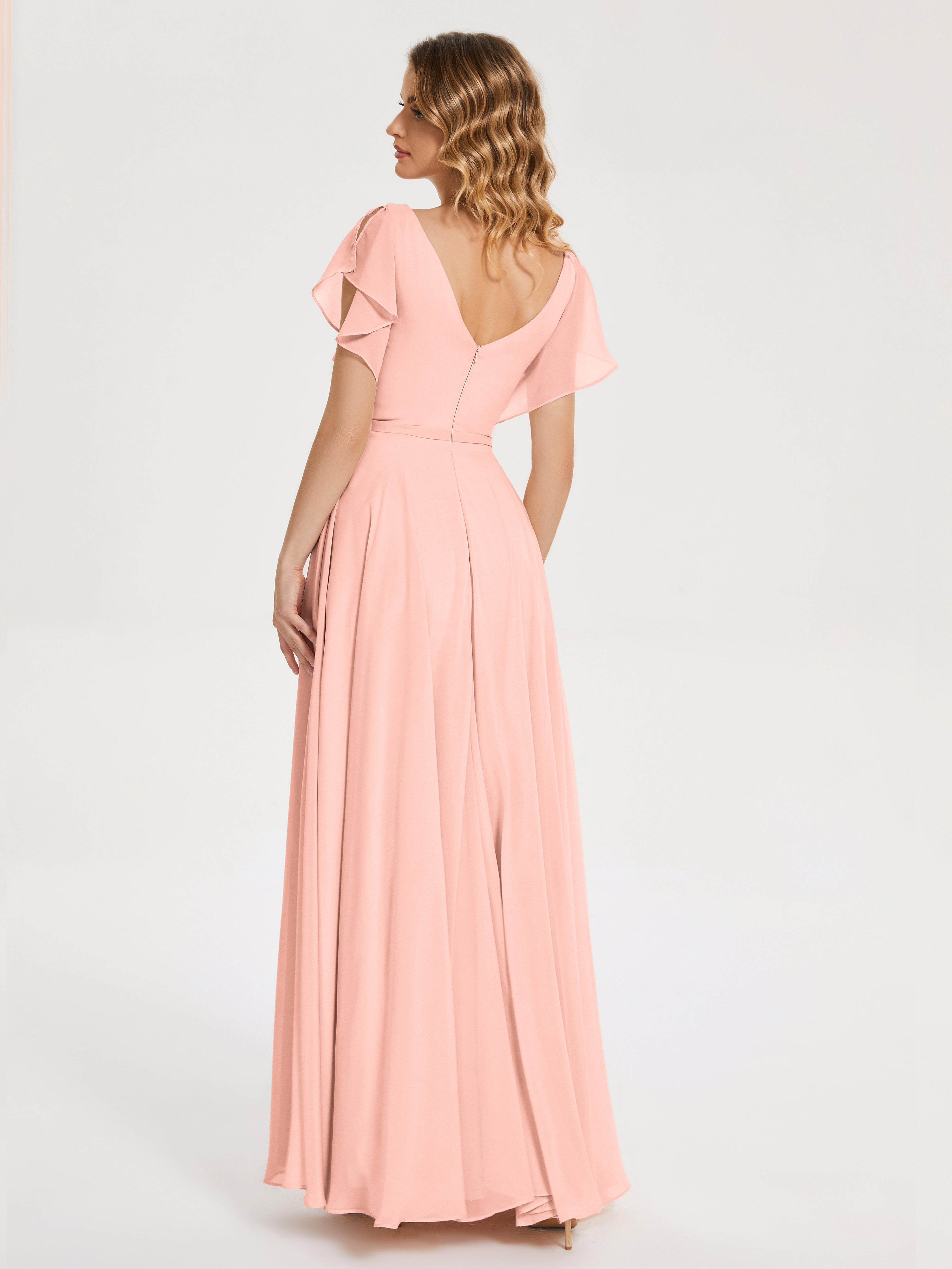 Demoiselle Dhonneur Robe Corail Col V Fendue Mousseline Robes Demoiselle D'Honneur À Volants