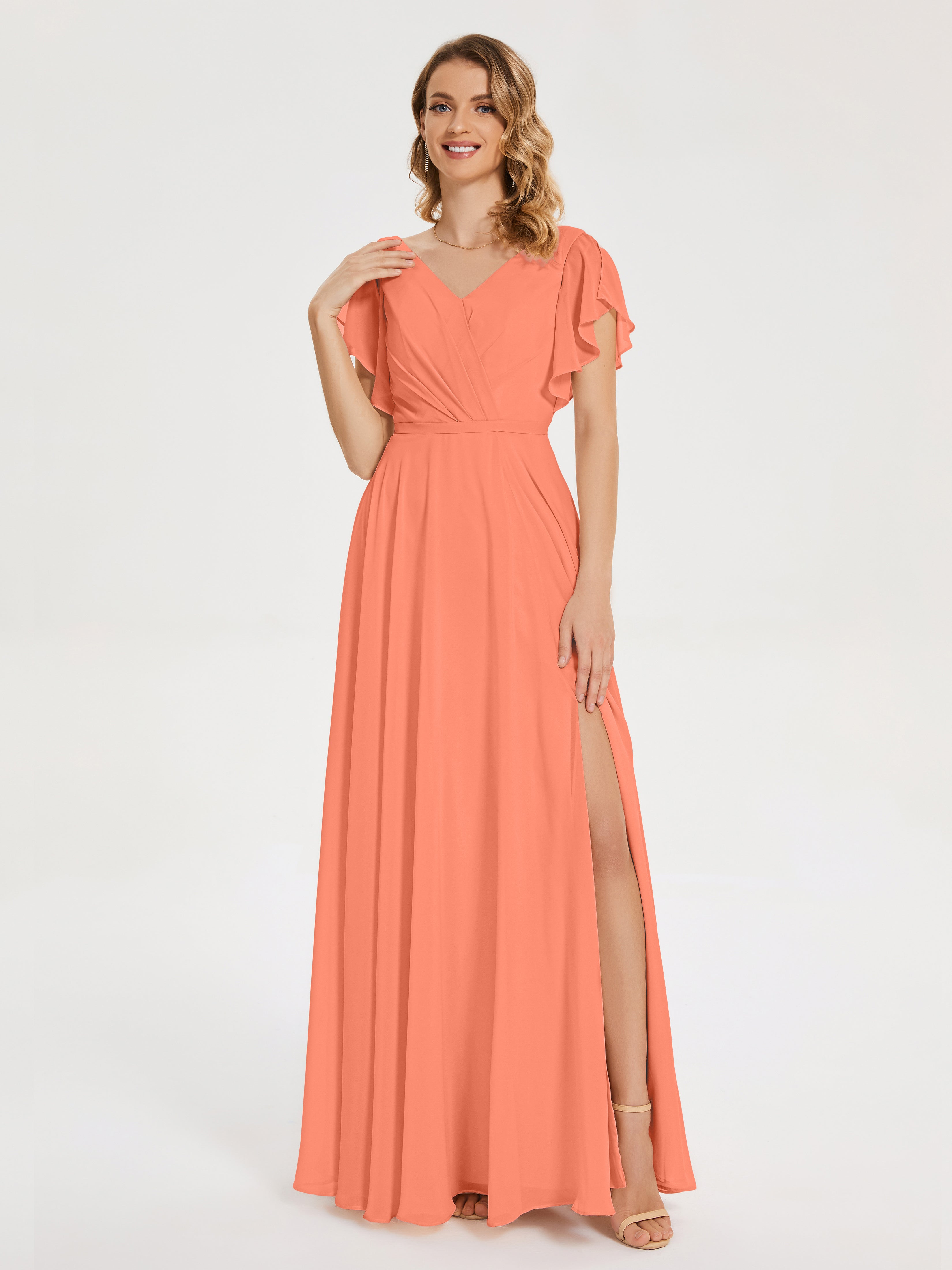 Robes De Demoiselle D'Honneur Coucher De Soleil Col V Fendue Mousseline Robes Demoiselle D'Honneur À Volants