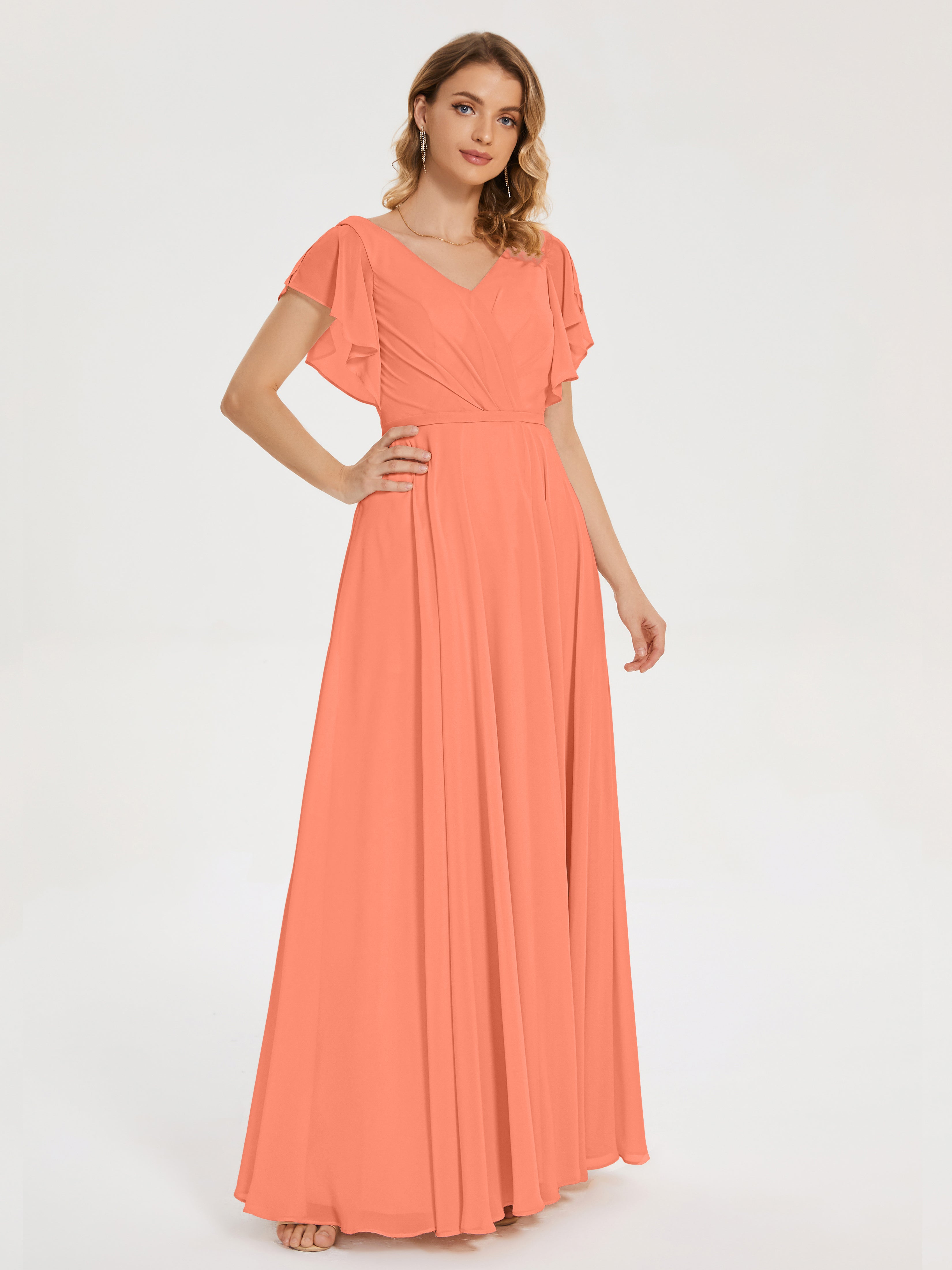 Robes De Demoiselle D'Honneur Coucher De Soleil Col V Fendue Mousseline Robes Demoiselle D'Honneur À Volants